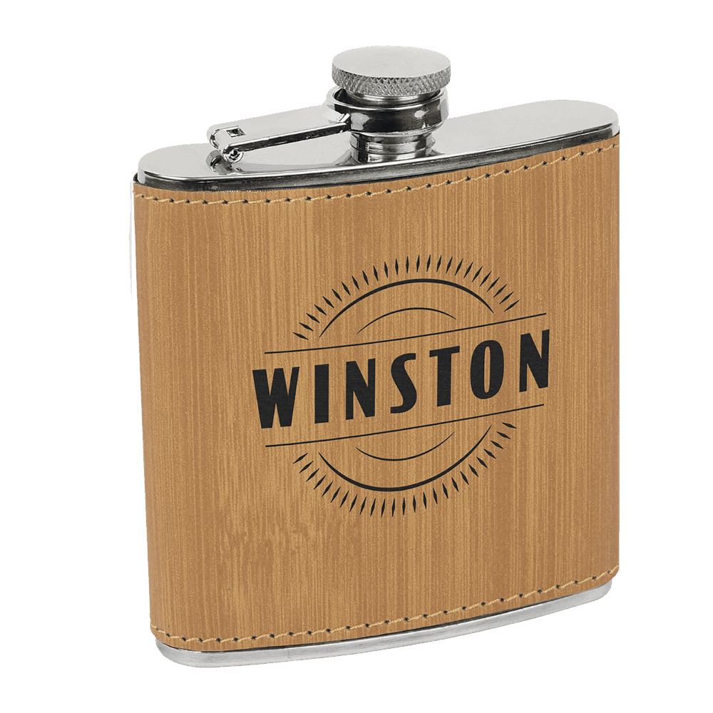 Personalized Flasks – 6 oz. Stainless with Leatherette & Cork Wraps Leatherette / Bamboo / 6 oz.
