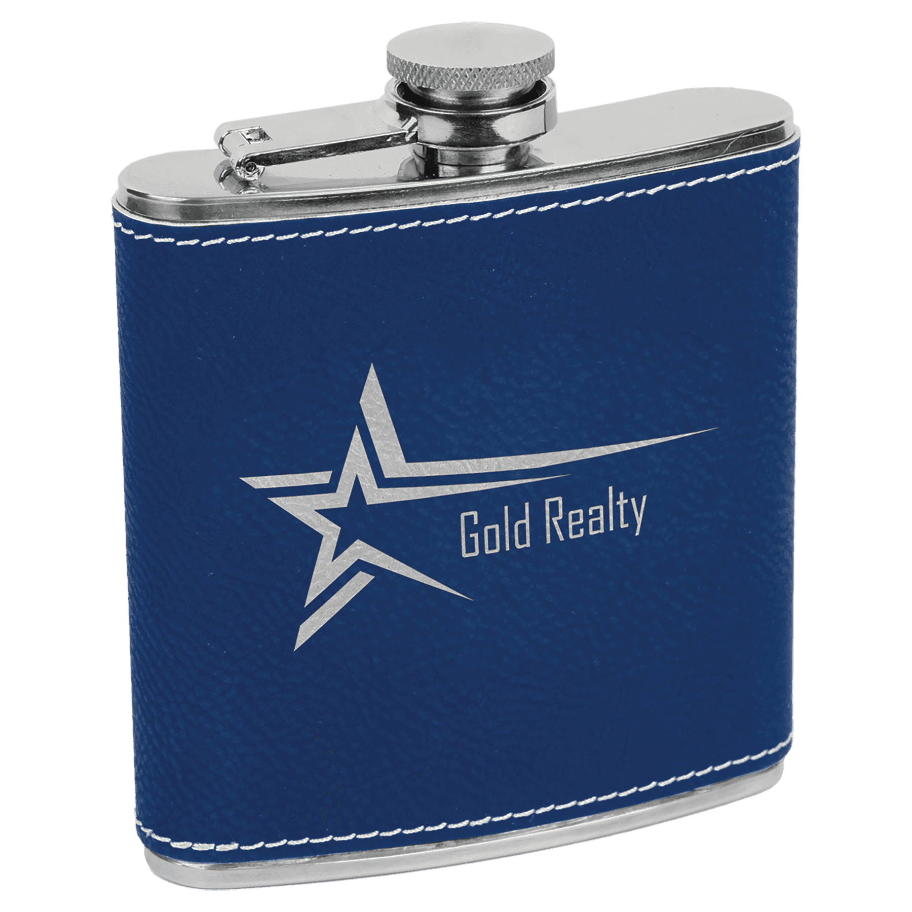 Personalized Flasks – 6 oz. Stainless with Leatherette & Cork Wraps Leatherette / Blue/Silver / 6 oz.