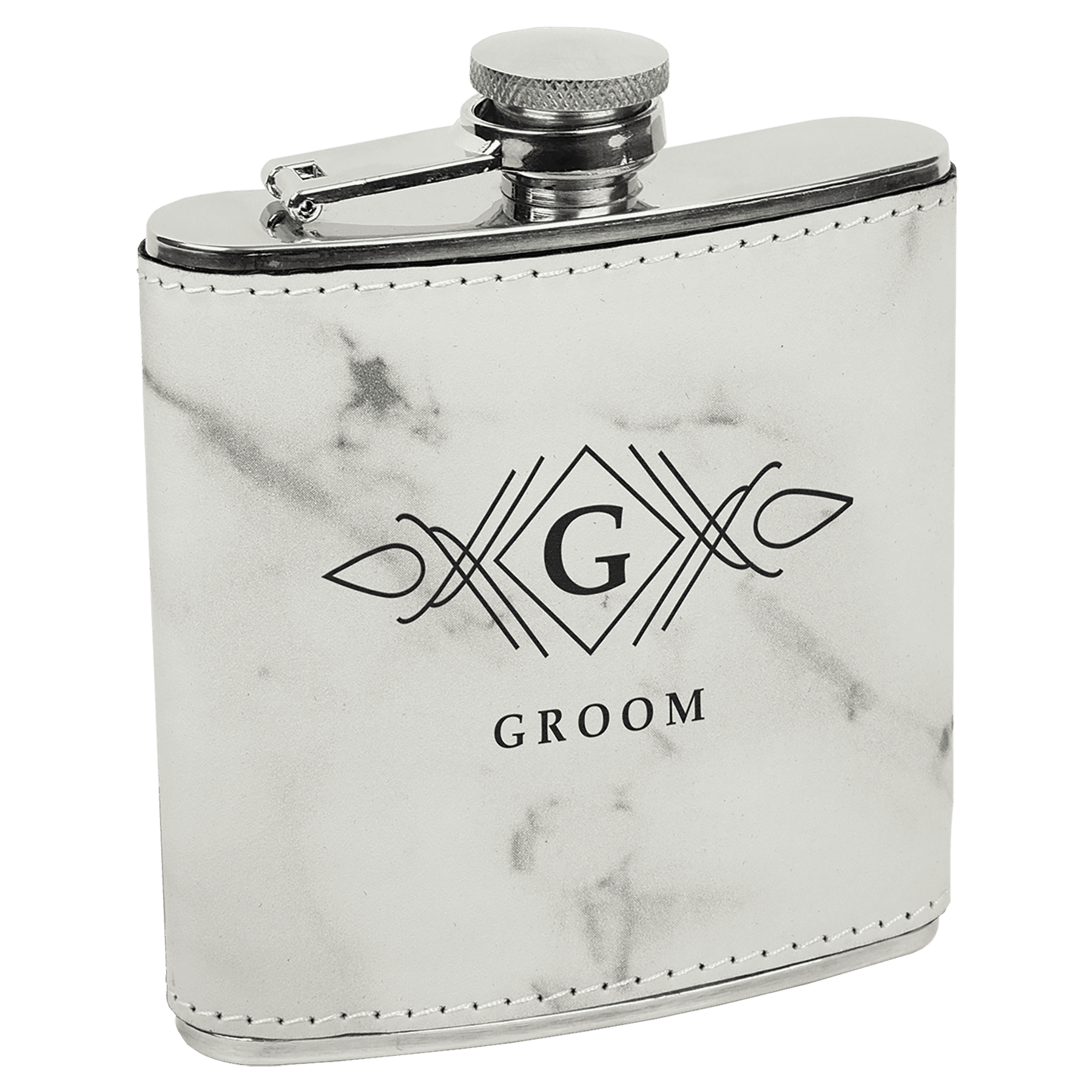 Personalized Flasks – 6 oz. Stainless with Leatherette & Cork Wraps Leatherette / White Marble / 6 oz.