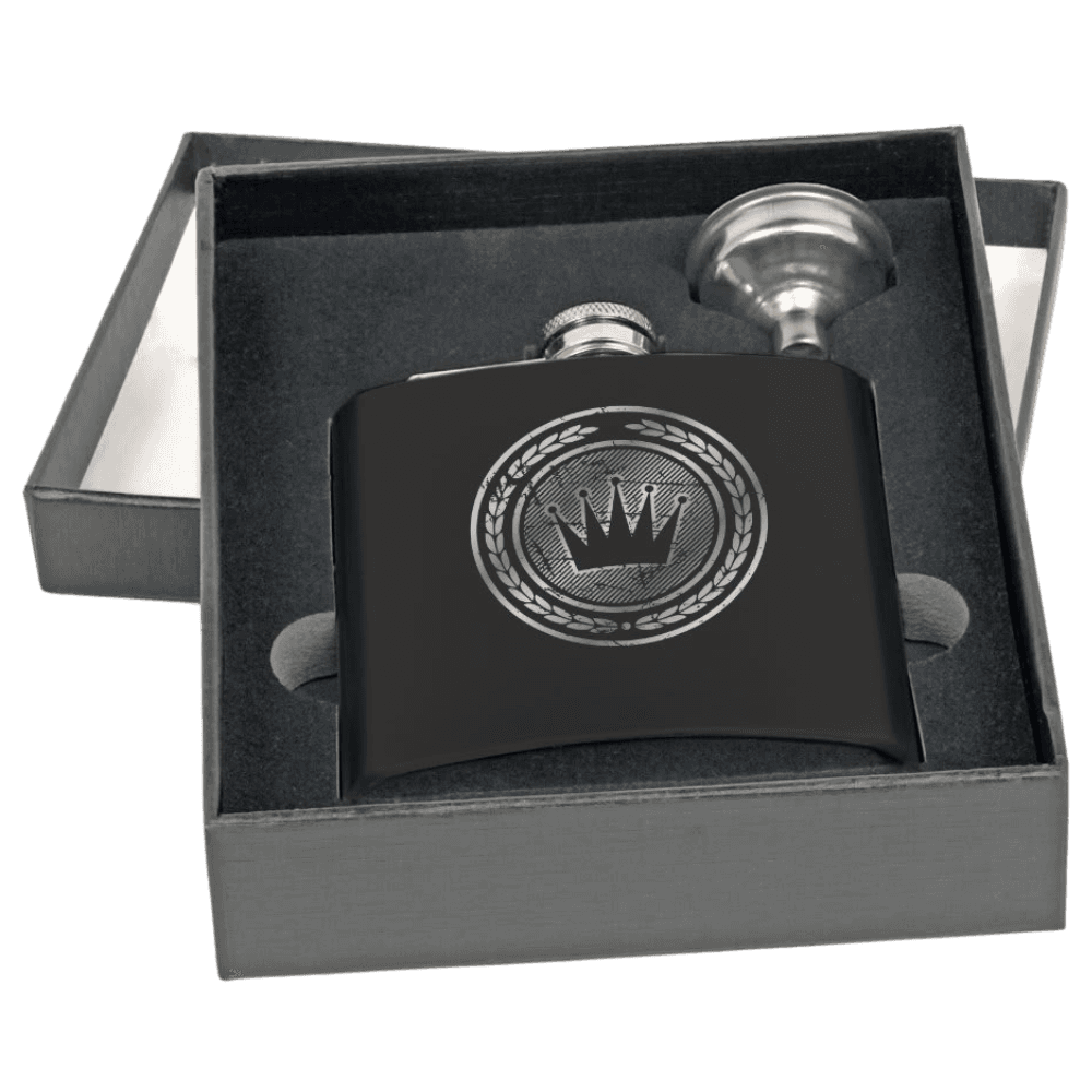 Personalized Flask Gift Sets – Custom Engraving with Funnel & Shot Glasses Black Presentation Box / With Funnel Only / Matte Black/Silver