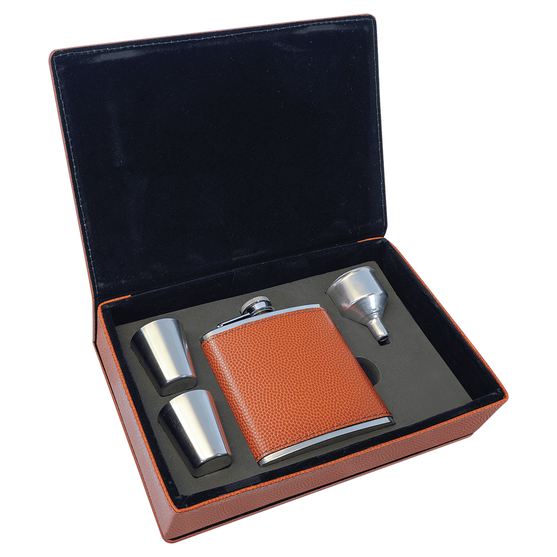 Personalized Flask Gift Sets – Custom Engraving with Funnel & Shot Glasses Leatherette Box / With 4 Shot Glasses and Funnel / Basketball Leatherette