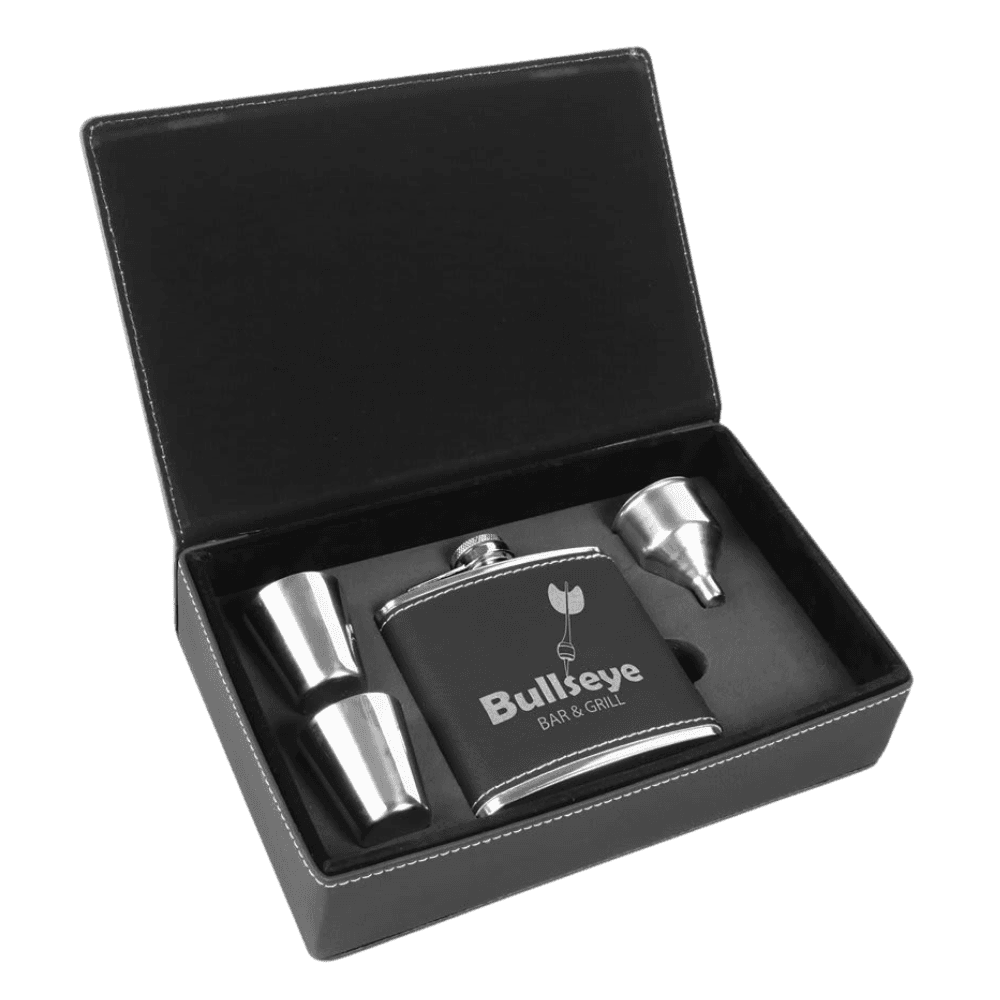 Personalized Flask Gift Sets – Custom Engraved with Funnel & Shot Glasses Leatherette Box / With 2 Shot Glasses and Funnel / Black/Silver