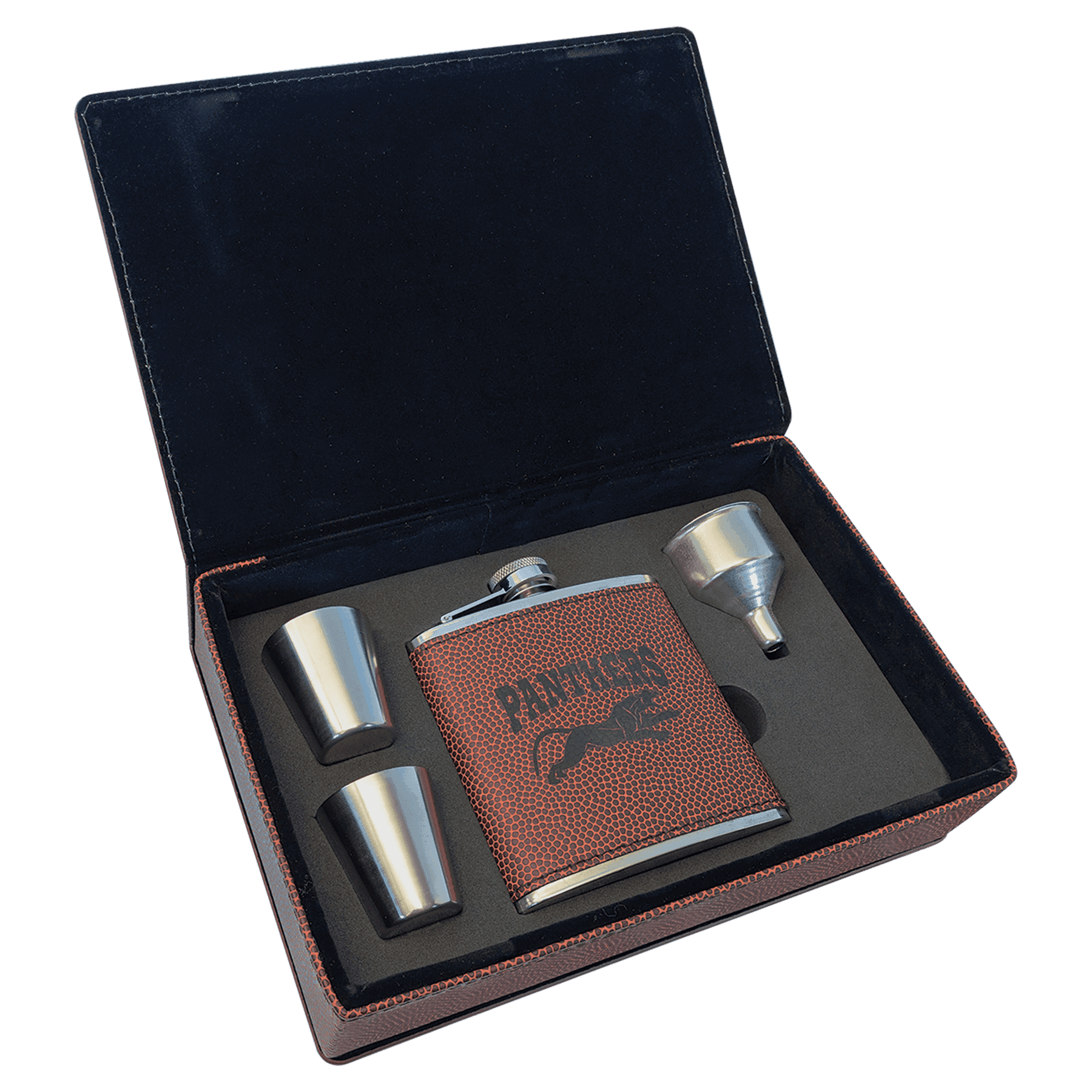 Personalized Flask Gift Sets – Custom Engraving with Funnel & Shot Glasses Leatherette Box / With 4 Shot Glasses and Funnel / Football Leatherette