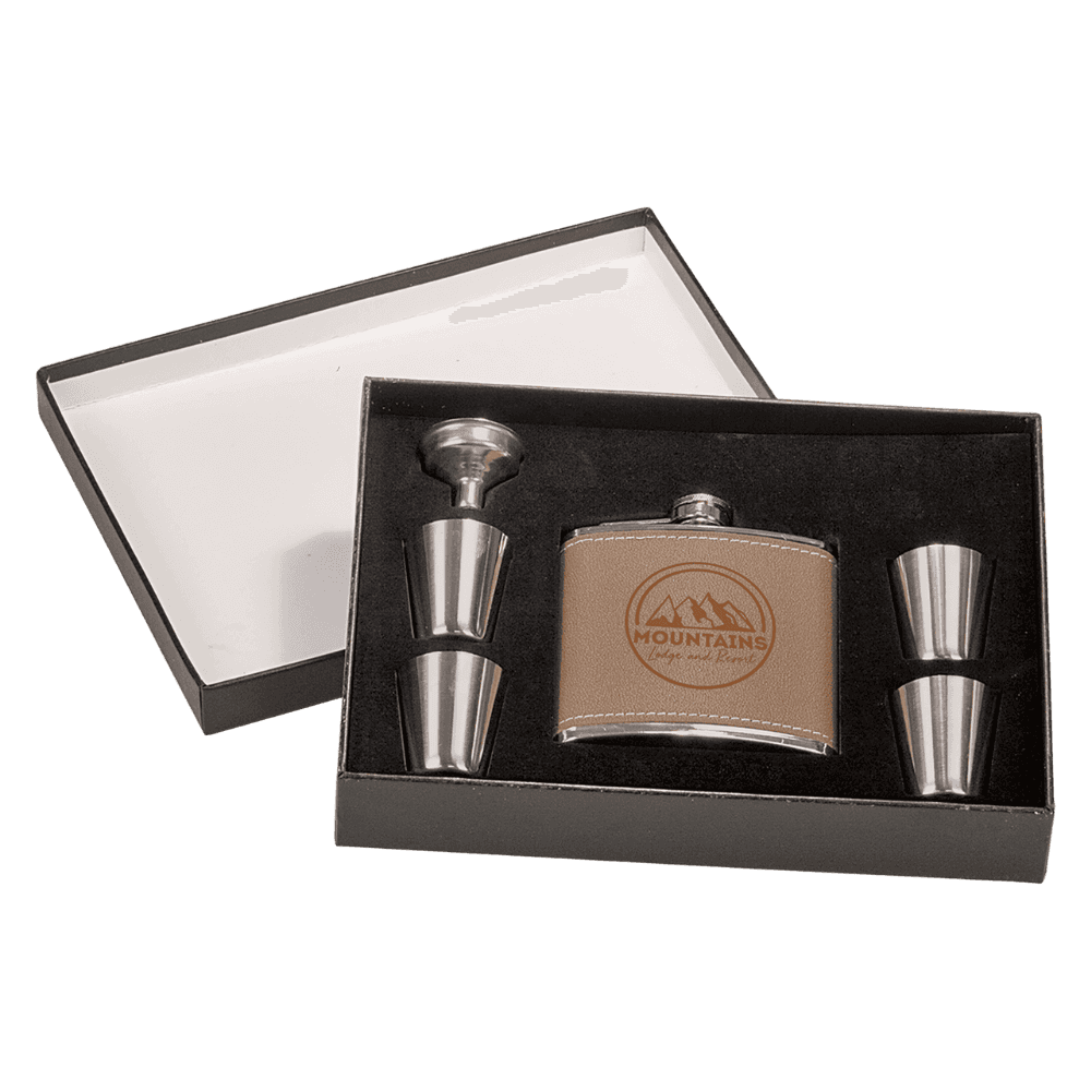 Personalized Flask Gift Sets – Custom Engraving with Funnel & Shot Glasses Black Presentation Box / With 4 Shot Glasses and Funnel / Leather