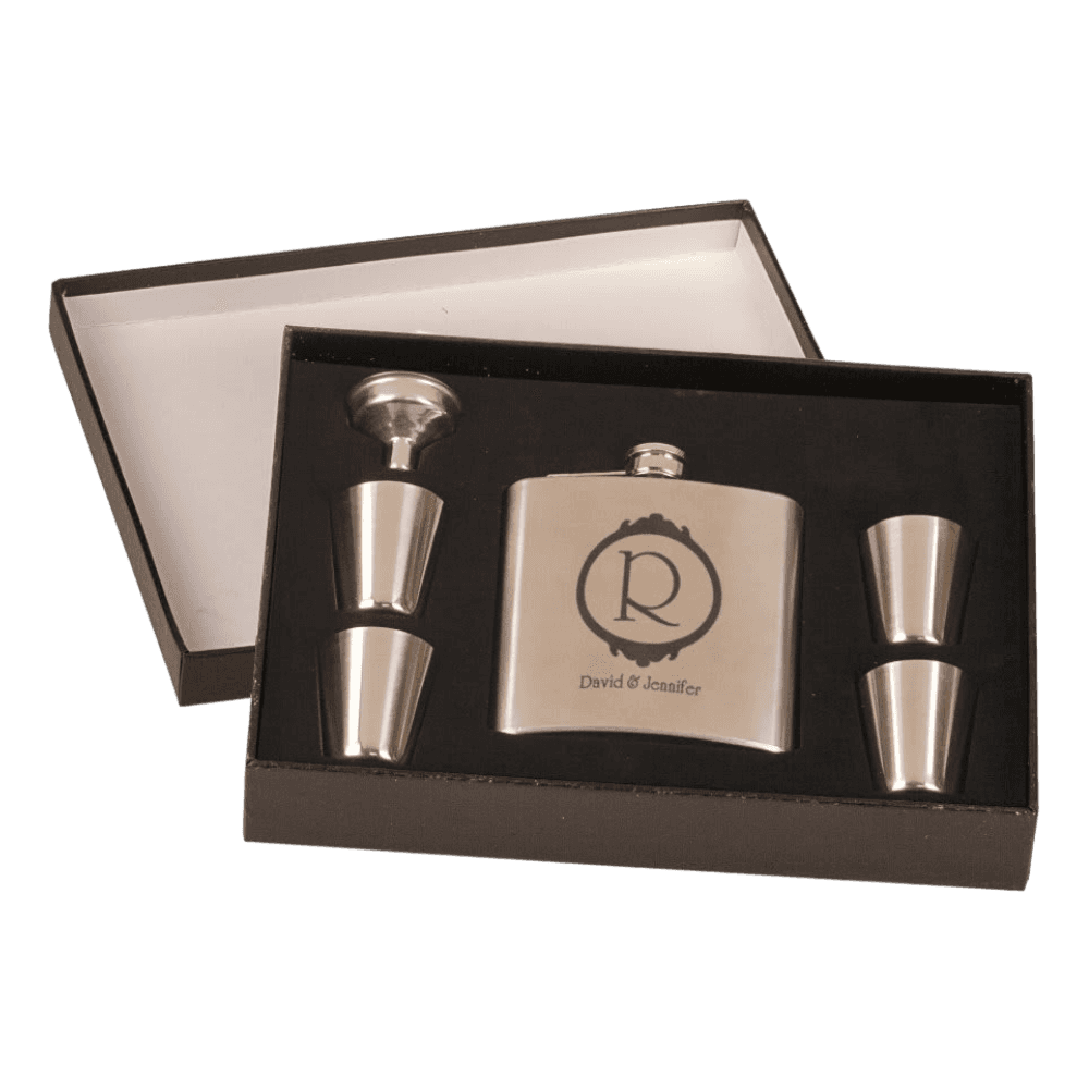 Personalized Flask Gift Sets – Custom Engraving with Funnel & Shot Glasses Black Presentation Box / With 4 Shot Glasses and Funnel / Stainless