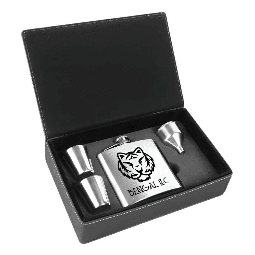Personalized Flask Gift Sets – Custom Engraved with Funnel & Shot Glasses Leatherette Box / With 2 Shot Glasses and Funnel / Stainless/Black