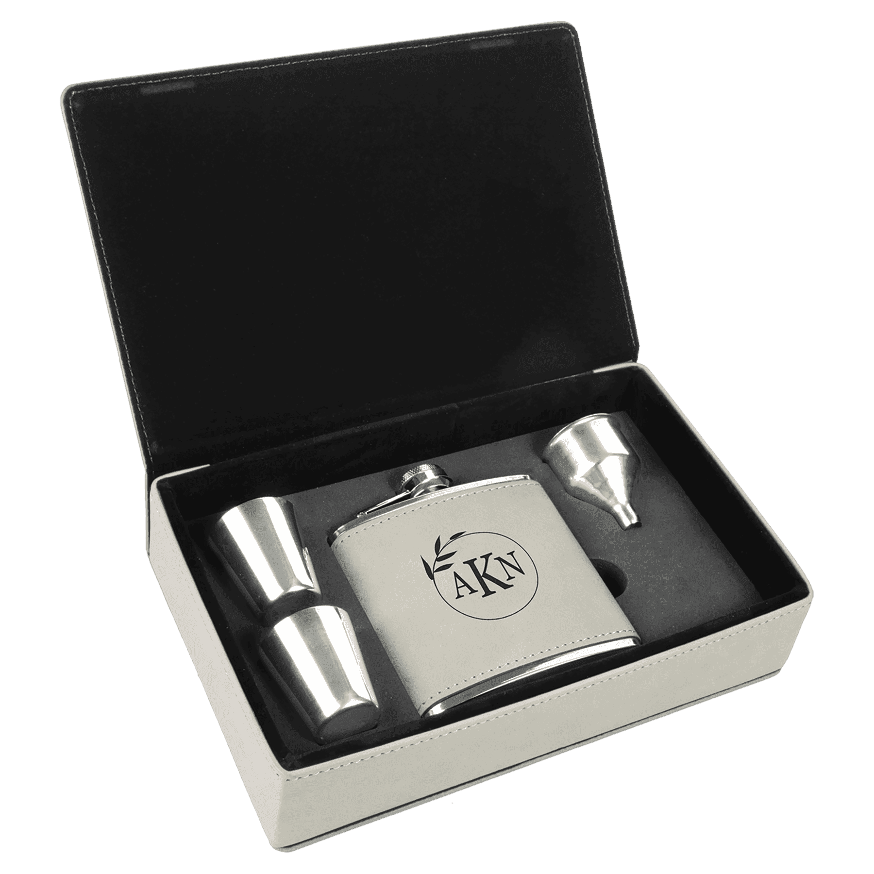 Personalized Flask Gift Sets – Custom Engraved with Funnel & Shot Glasses Leatherette Box / With 2 Shot Glasses and Funnel / White
