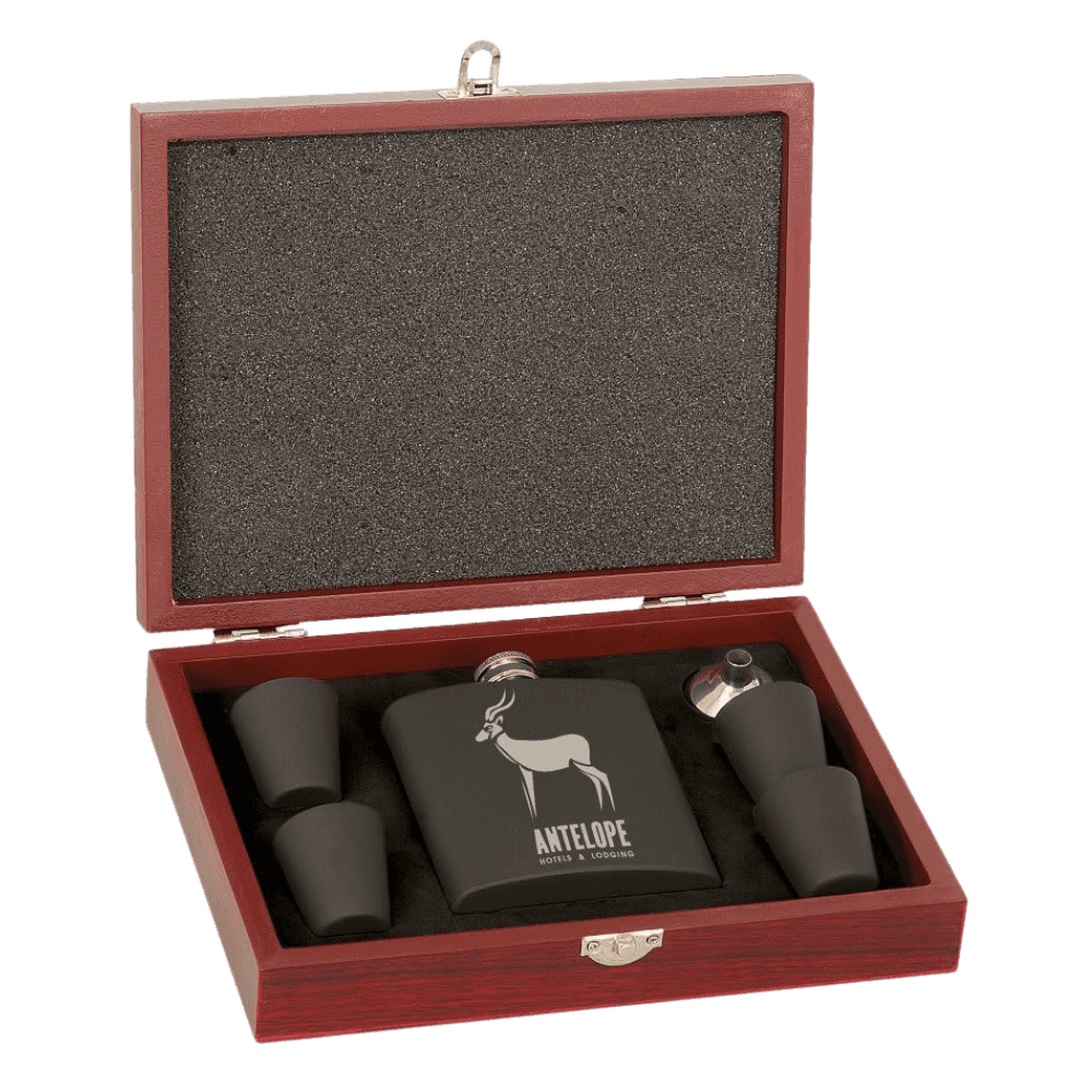 Personalized Flask Gift Sets – Custom Engraved with Funnel & Shot Glasses Rosewood Finish Wood Box / With 4 Shot Glasses and Funnel / Matte Black