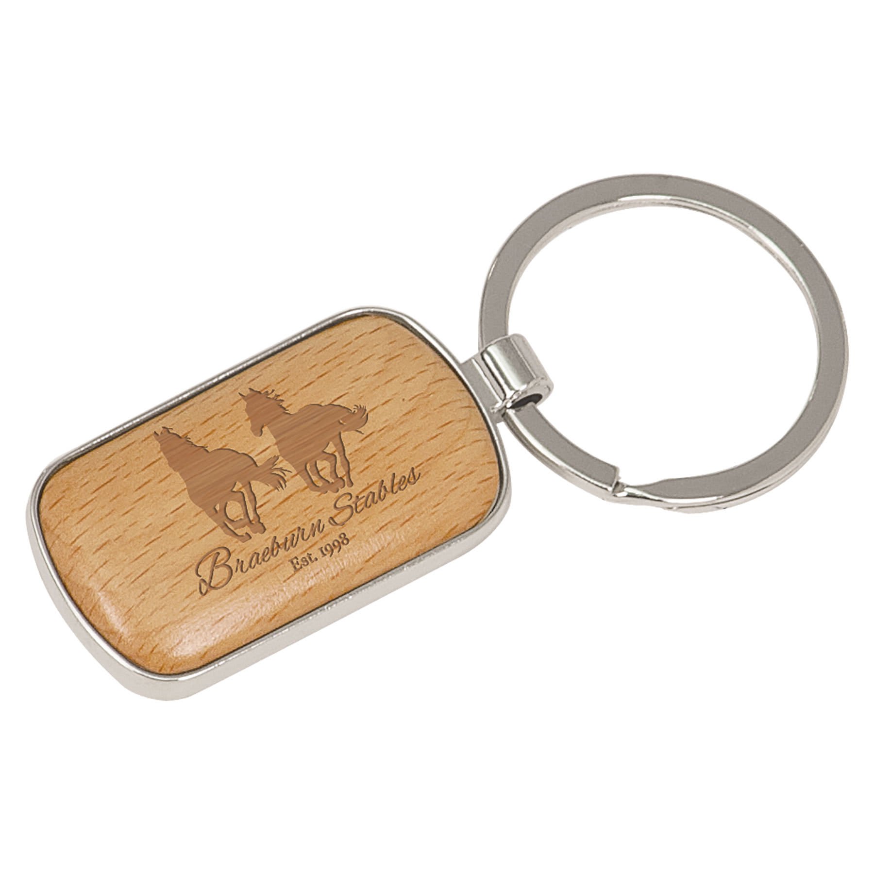 Personalized Keychains – Natural Beechwood with Silver Accents Rounded Corner / Beechwood / 1" x 1 3/4"