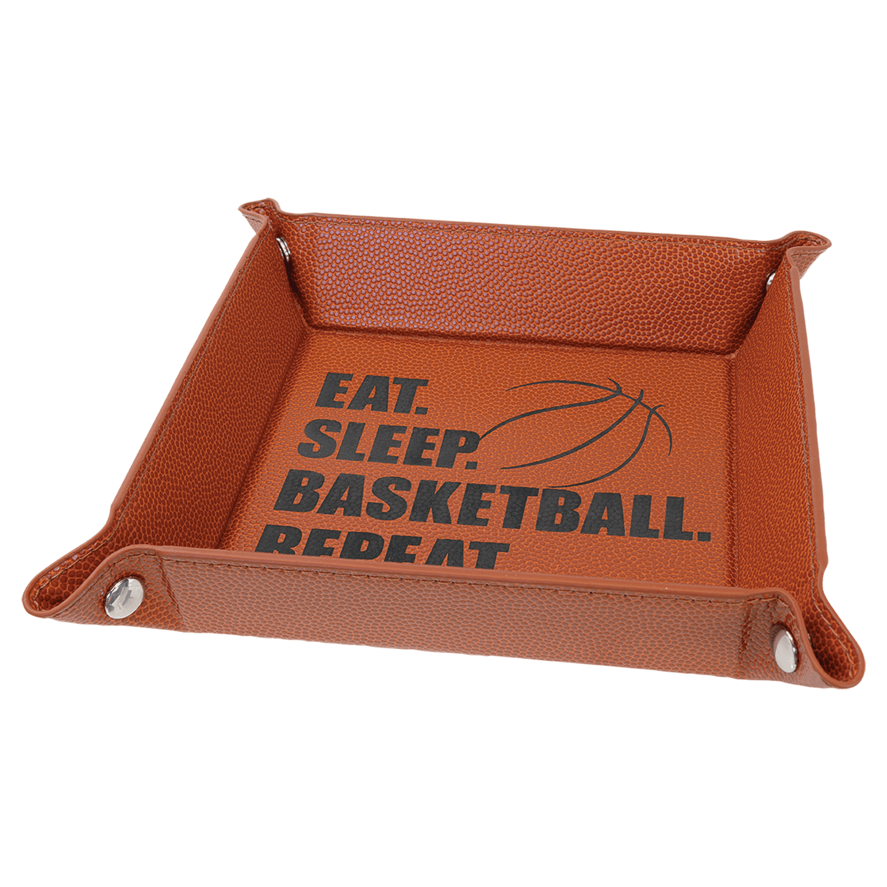 Personalized Catch-All Tray with Snap Up Corners - Leatherette Caddy Trays 6" x 6" / Basketball Leatherette
