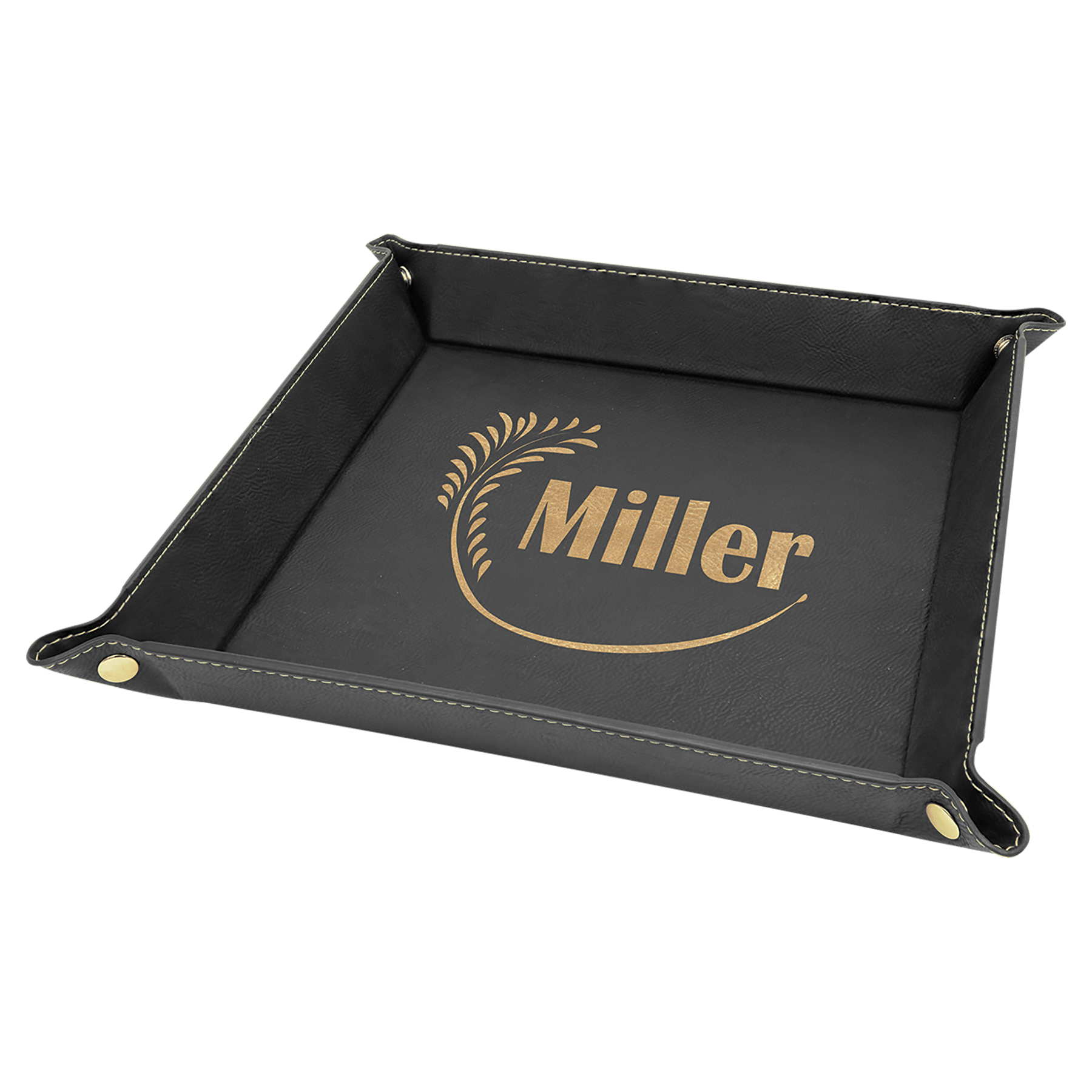 Personalized Catch-All Tray with Snap Up Corners - Leatherette Caddy Trays 9" x 9" / Black/Gold