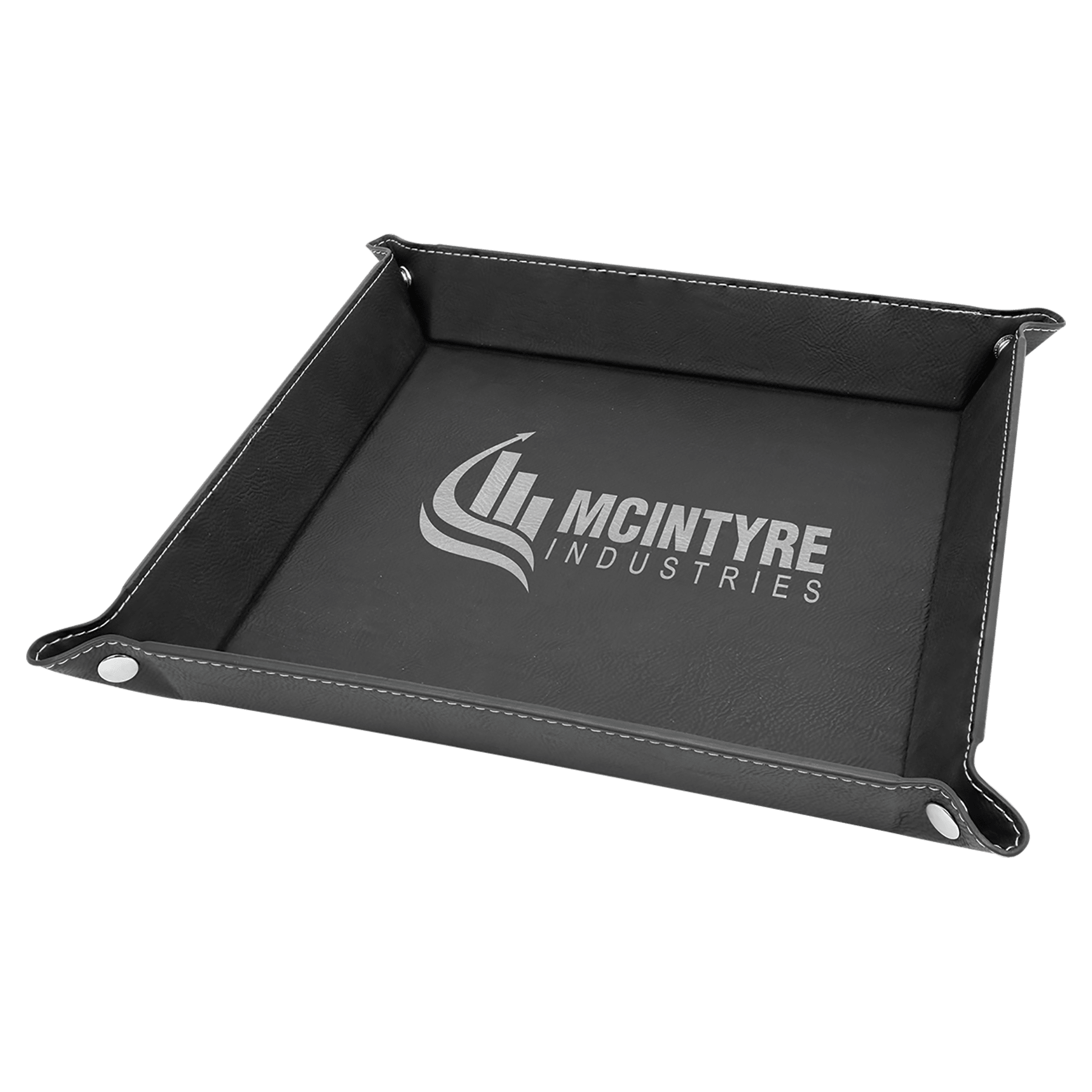 Personalized Catch-All Tray with Snap Up Corners - Leatherette Caddy Trays 6" x 6" / Black/Silver