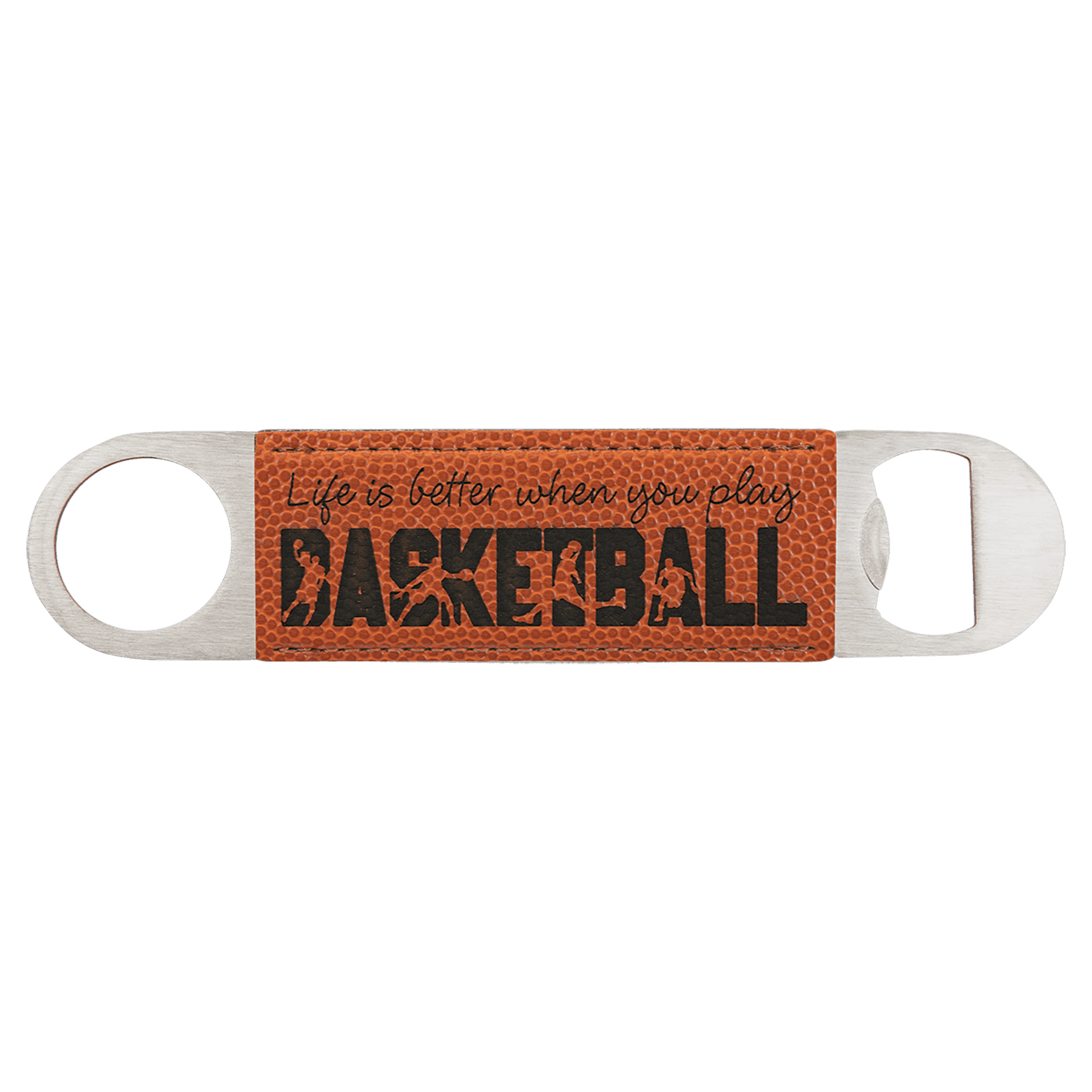Personalized Bottle Openers - Extra Long Bar Style with Wide Ring Basketball Leatherette / Basketball / 7" x 1 1/2"