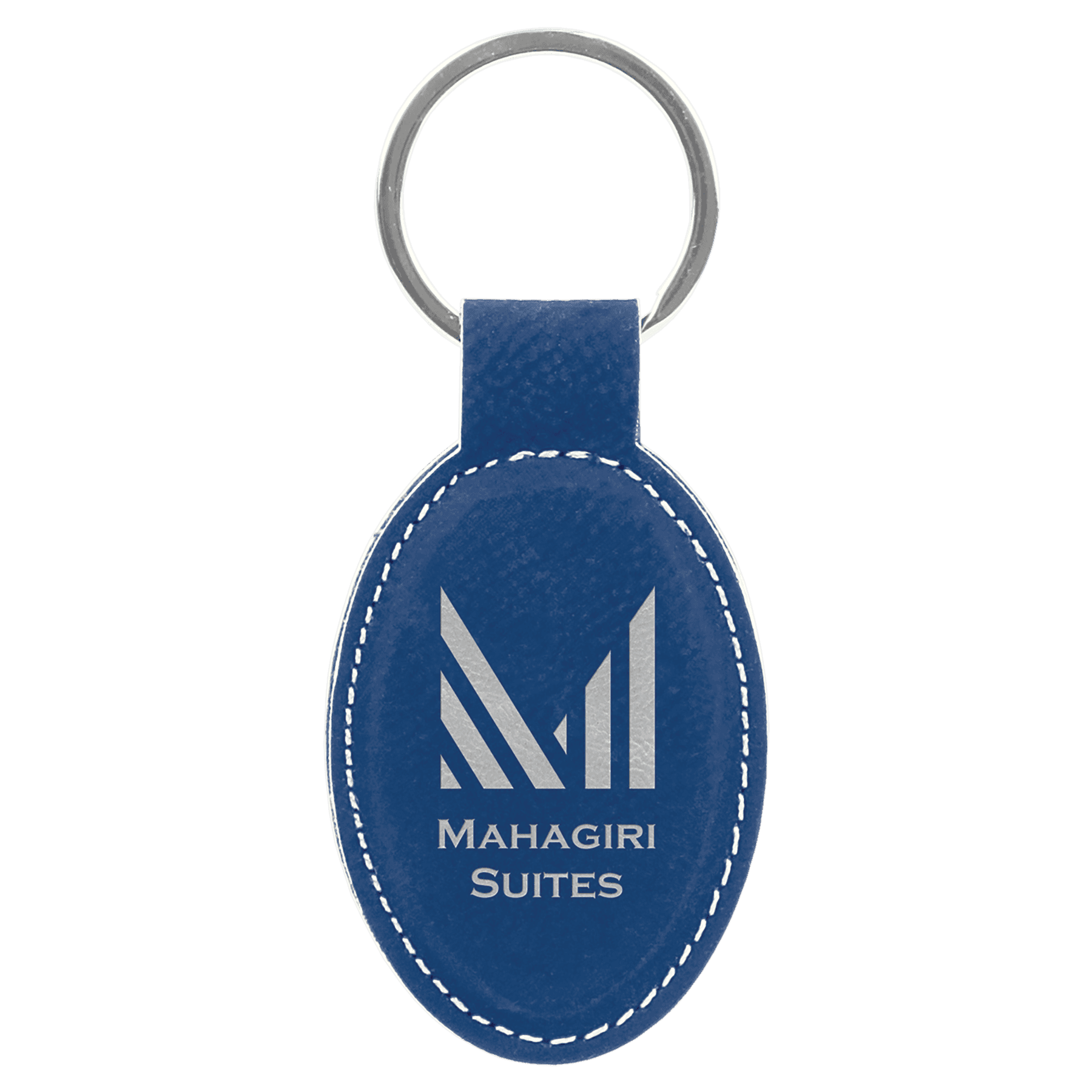 Personalized Leatherette Keychains - With Football & Basketball Styles Oval - Double Stitching / Blue/Silver / Leatherette