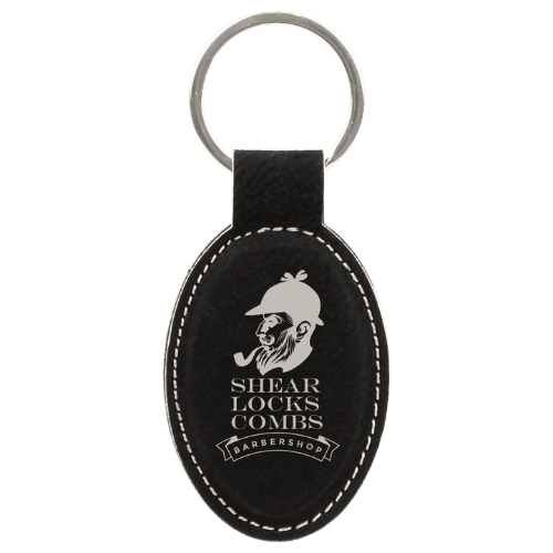 Personalized Leatherette Keychains - With Football & Basketball Styles Oval - Double Stitching / Black/Silver / Leatherette