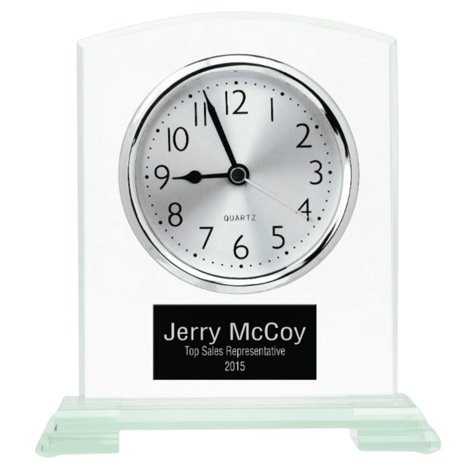Contemporary Glass Desk Clocks – Personalized Gifts, Awards & Decor Tinted Jade Glass - Arched Square Top / Alarm / 6 1/2" x 5 3/4"