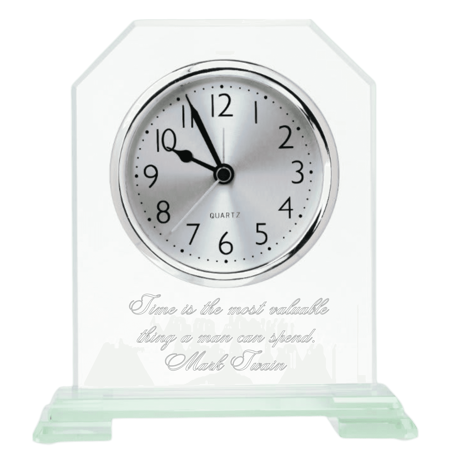 Contemporary Glass Desk Clocks – Personalized Gifts, Awards & Decor Beveled Glass with Silver Hardware / Engraving Plate Included / 6 1/8" x 6"