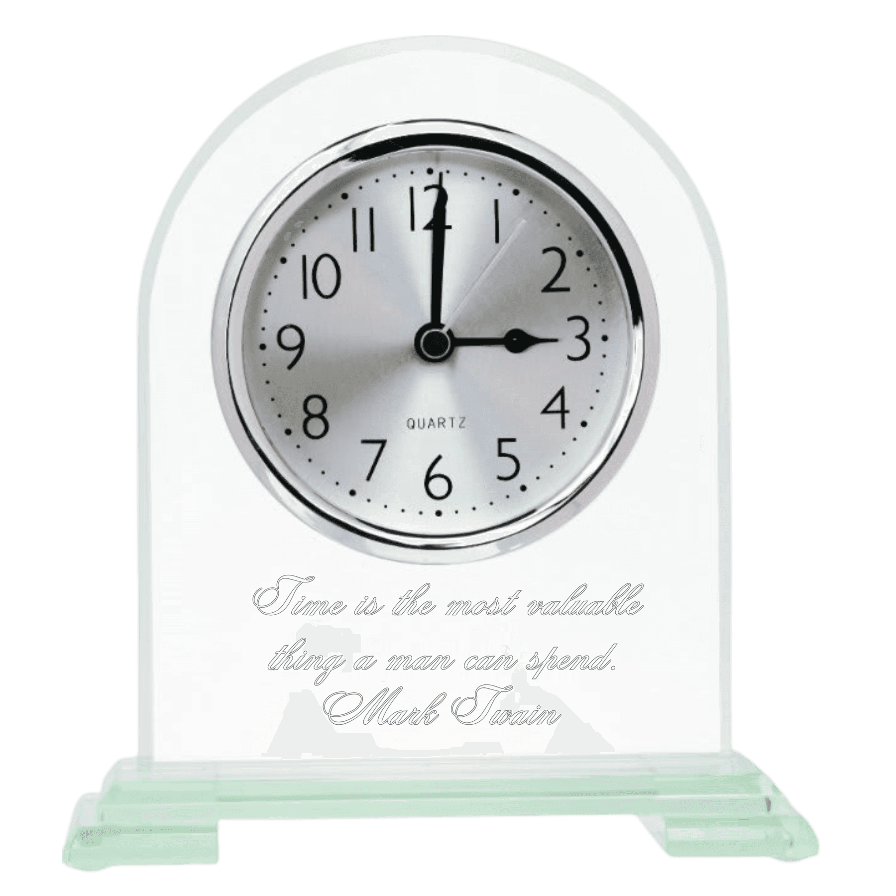 Contemporary Glass Desk Clocks – Personalized Gifts, Awards & Decor Tinted Jade Glass - Arch Top / Alarm / 6 1/2" x 5 3/4"