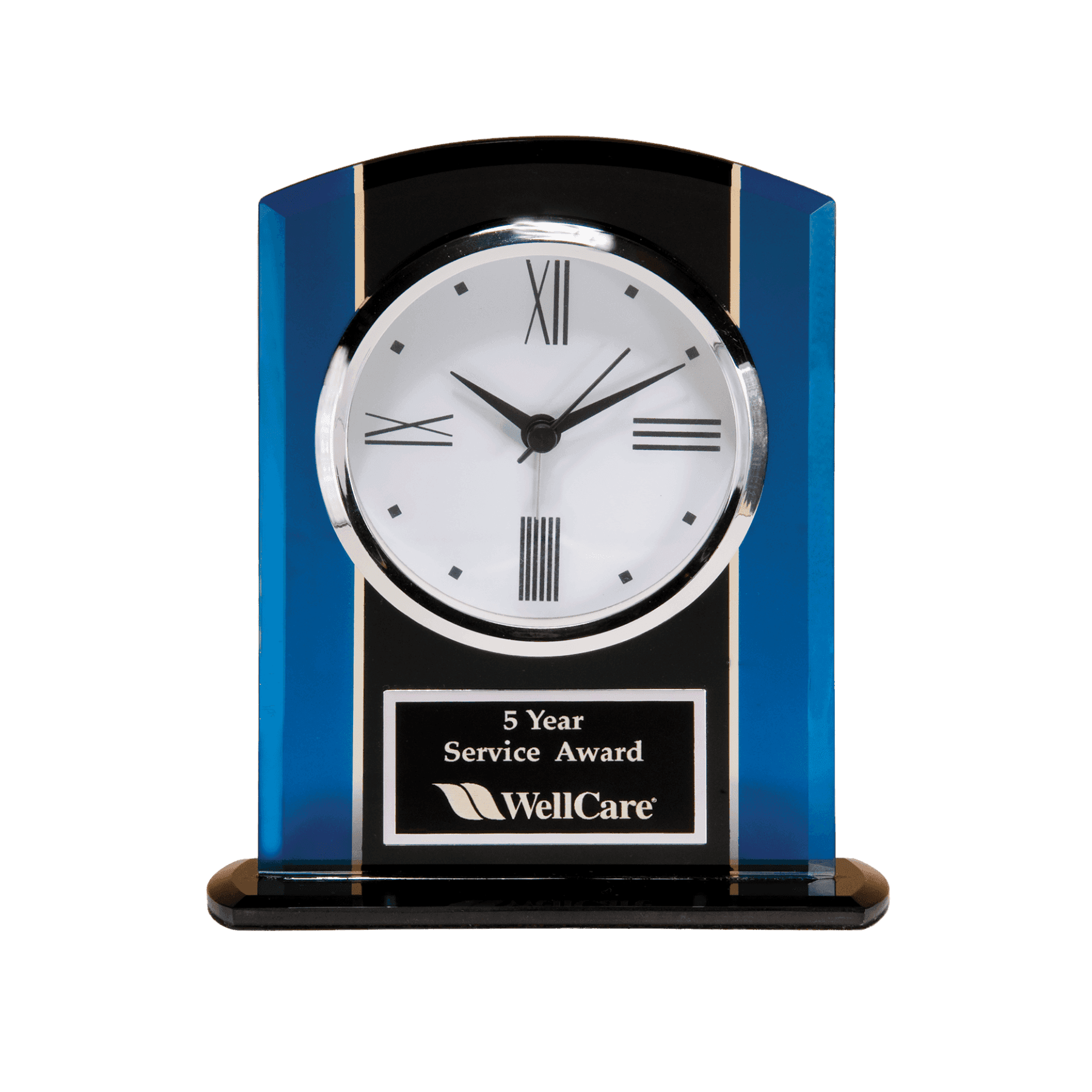 Contemporary Glass Desk Clocks – Personalized Gifts, Awards & Decor Black and Blue Glass Clock with Base / Engraving Plate Included / 6 1/4" x 5 1/4"