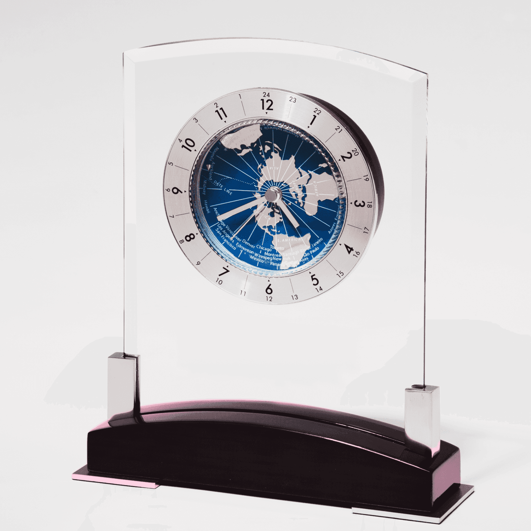 Contemporary Glass Desk Clocks – Personalized Gifts, Awards & Decor World Dial Glass Clocks with Rosewood Base / Alarm / 6" x 7 3/4"