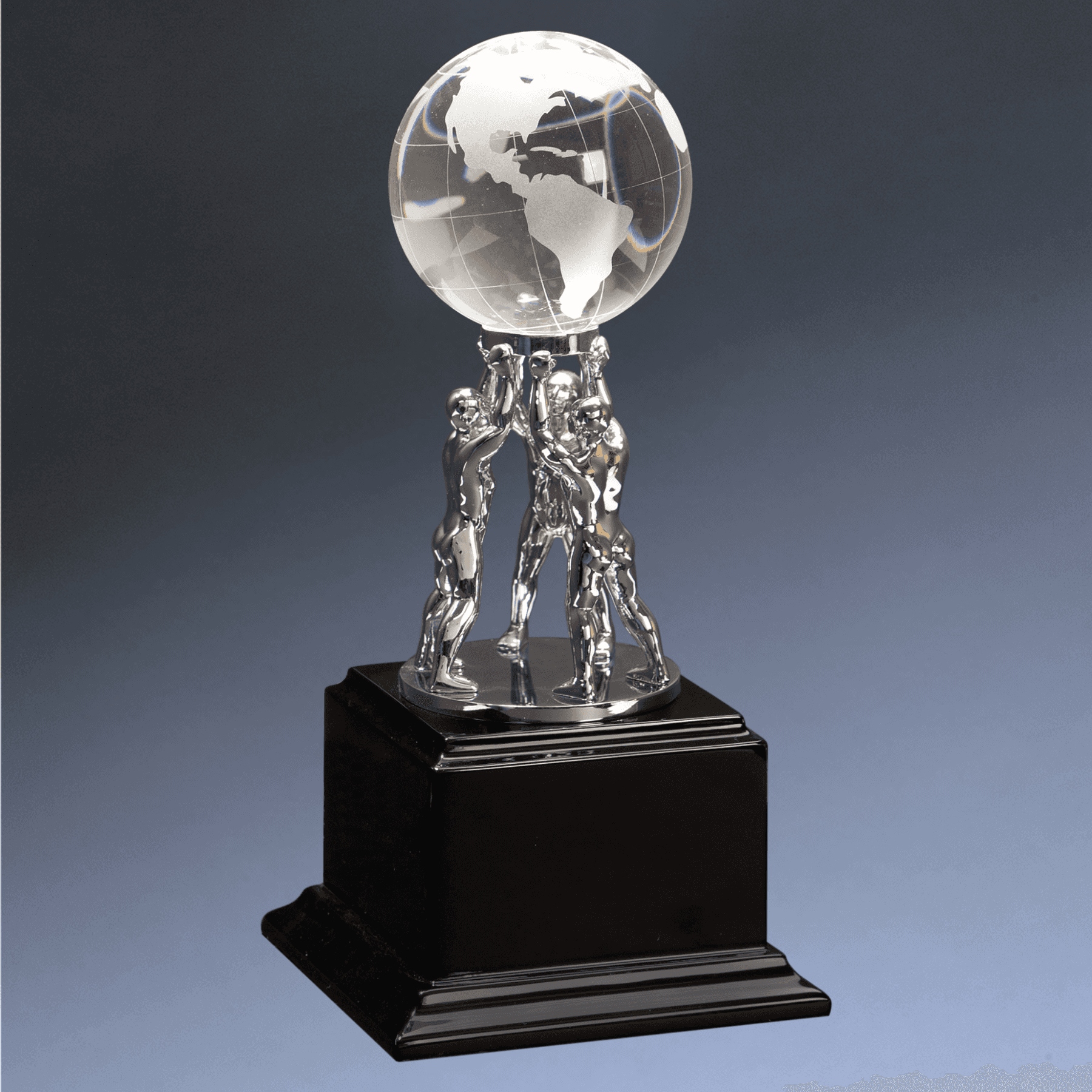 Laser Etched Crystal Globe Awards, Paperweights and Gifts Men and Globe Metal/Crystal Display / Clear Globe/Black Pedestal Base / 10"