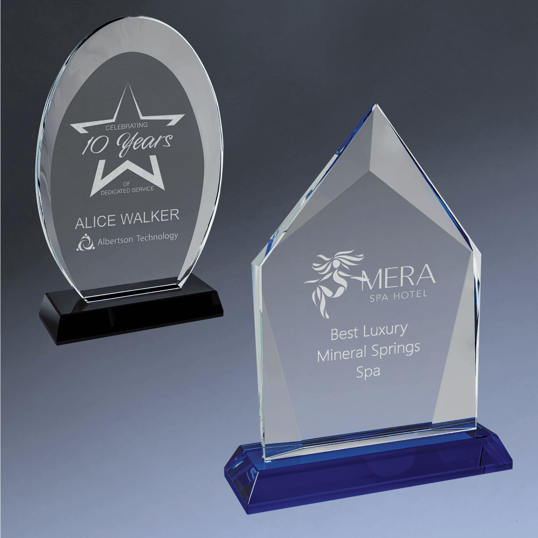 Halo Glass Awards - Custom Engraved Diamond & Oval Glass Oval / Blue / 8"