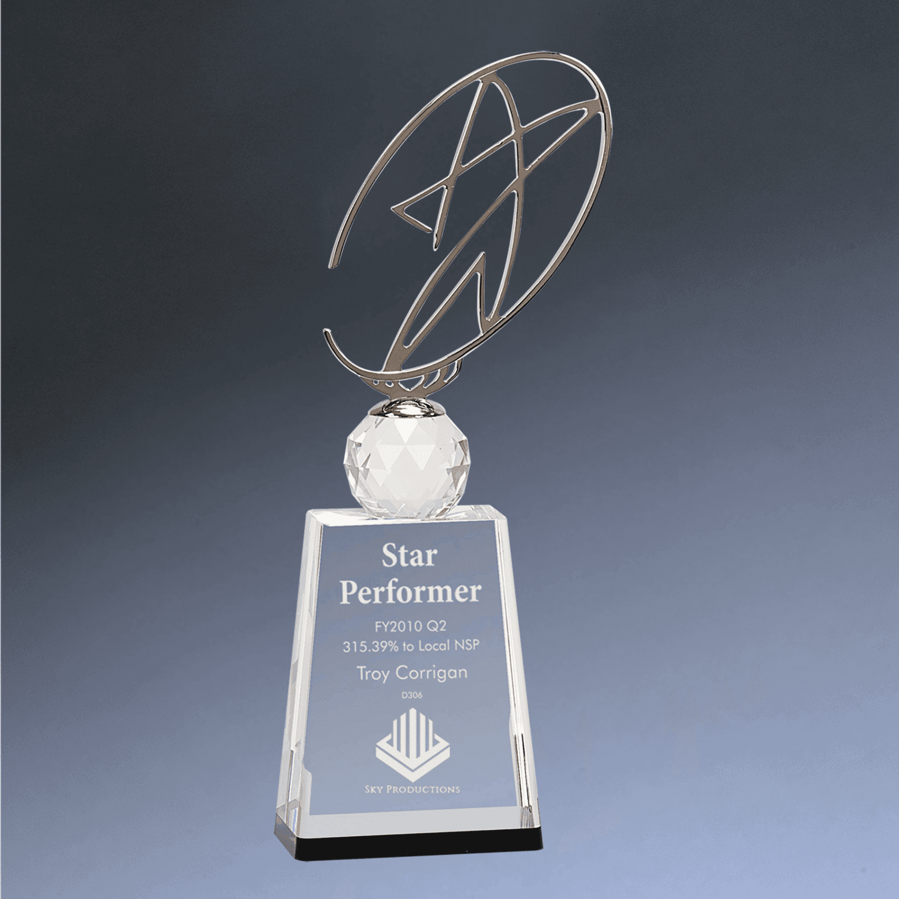 Crystal Star Awards and Paperweights with Custom Engraving Silver Metal Star on Base / Clear Crystal / 5 1/4"(L) x 10"(H)