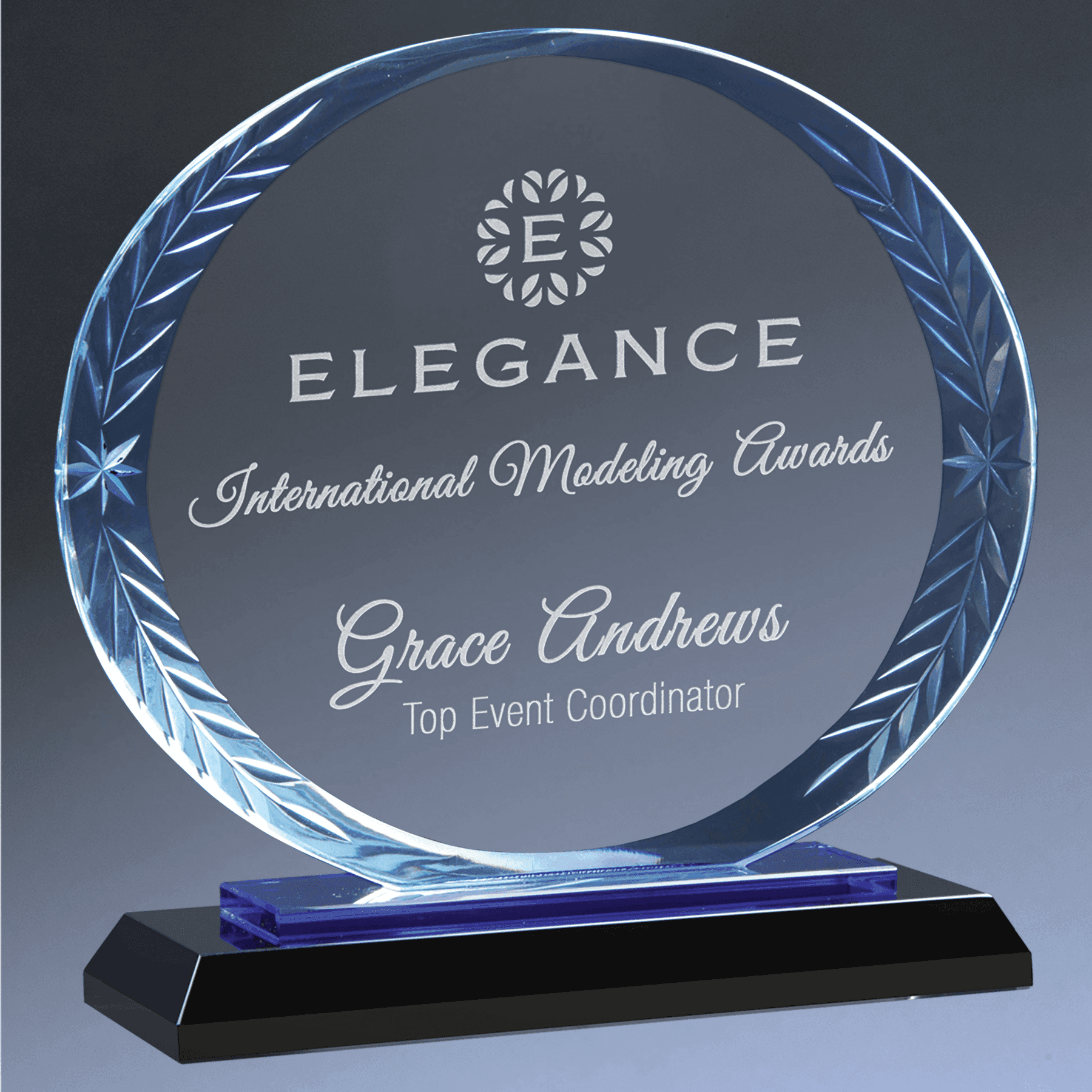 Accent Glass Awards - Custom Engraved in Fan, Flame, Diamond Designs Oval / Blue / 8"