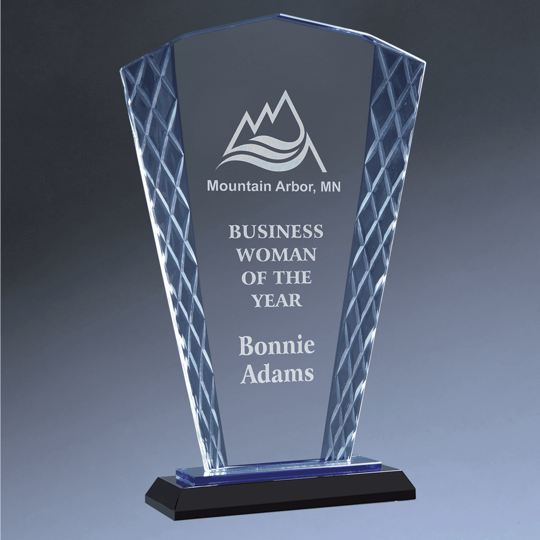 Accent Glass Awards - Custom Engraved in Fan, Flame, Diamond Designs Fan / Blue / 8"