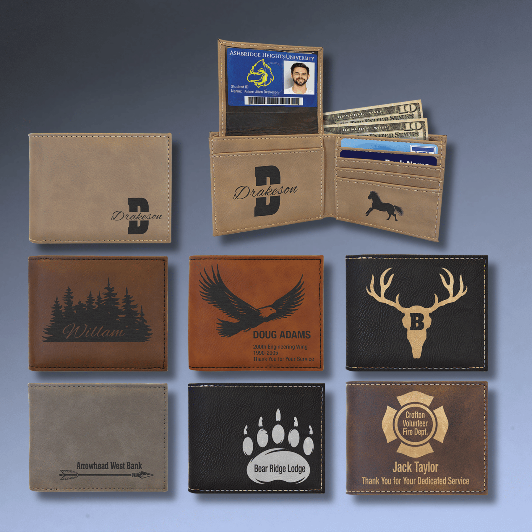 Personalized RFID Bifold Wallet with Flip ID in Engraved Leathrette Rustic/Gold