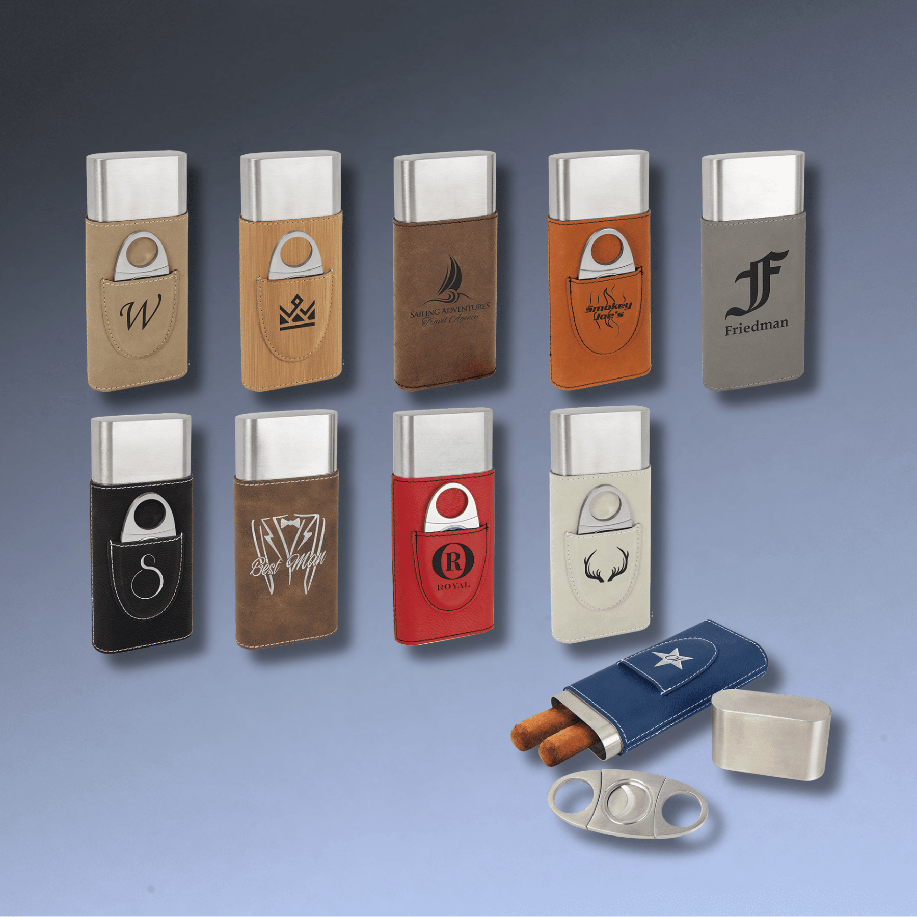 Custom Engraved Cigar Cases with Cutter in Leatherette Light Brown / Leatherette