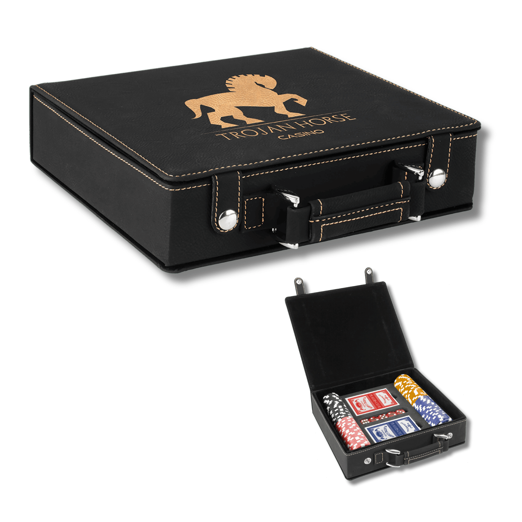 Personalized Poker Set in Leatherette Carry Case - 100 chips, 2 Card Decks Black/Gold / Leatherette / 100