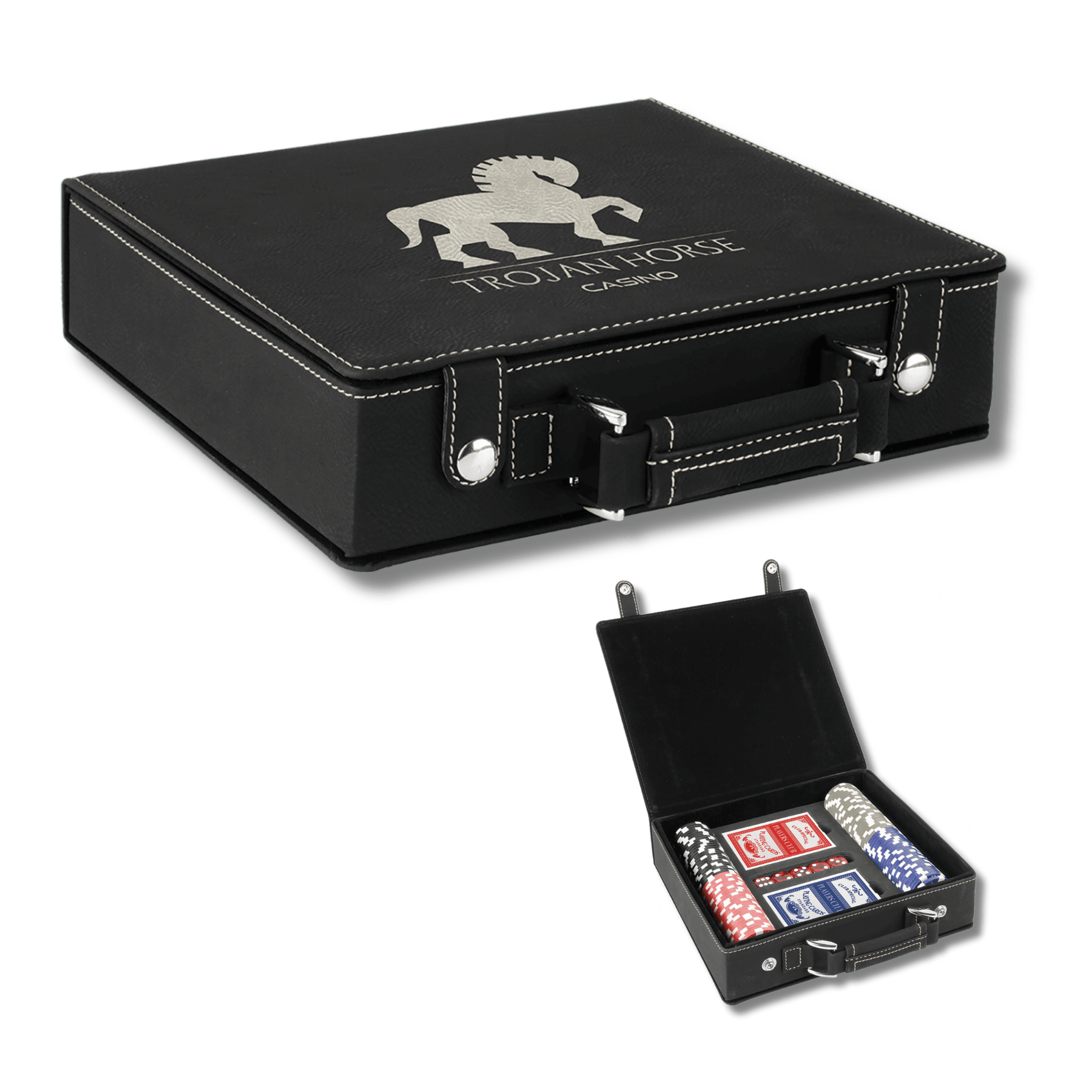 Personalized Poker Set in Leatherette Carry Case - 100 chips, 2 Card Decks Black/Silver / Leatherette / 100