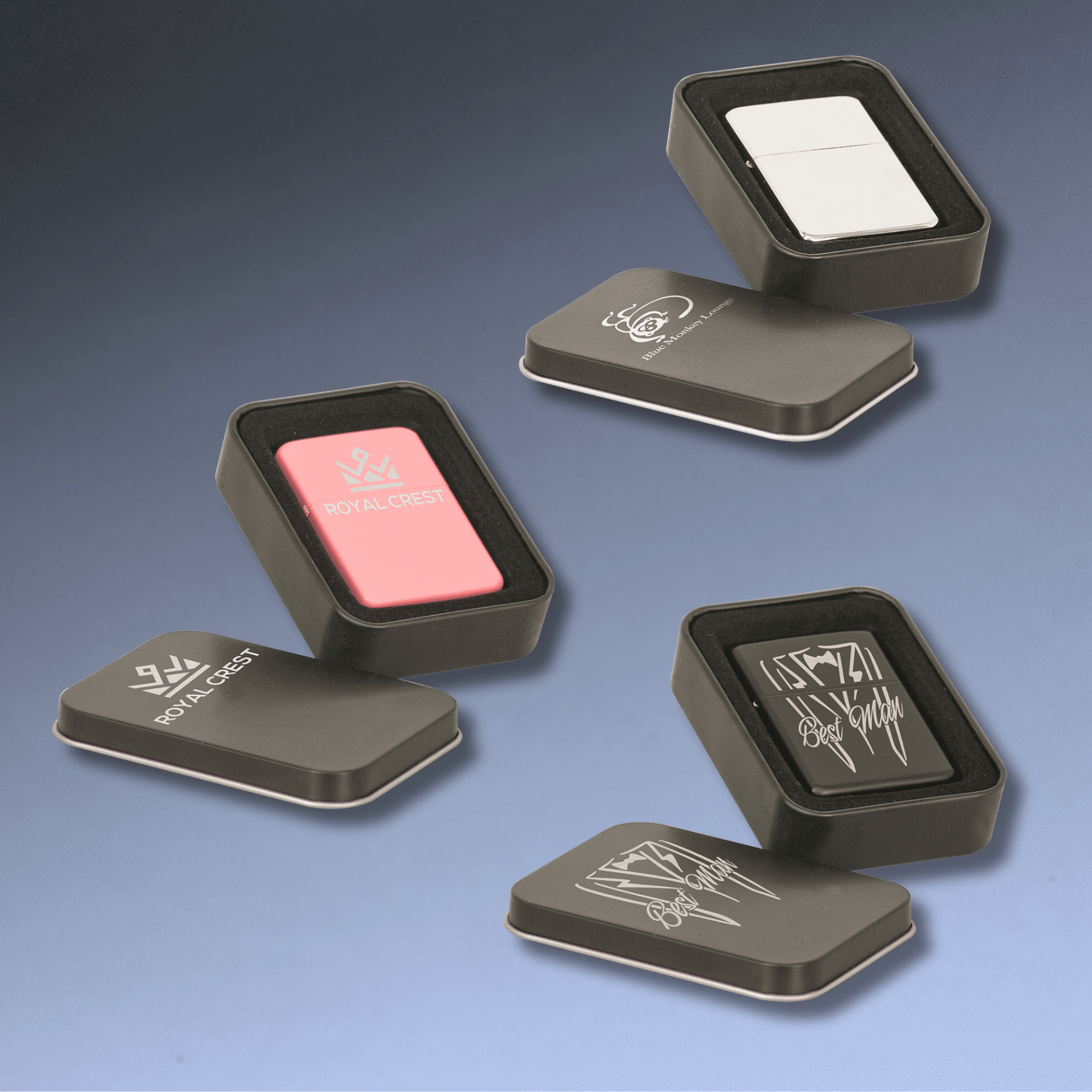 Custom Engraved Metal Lighters with Black Tin – Chrome, Black or Pink Matte Black