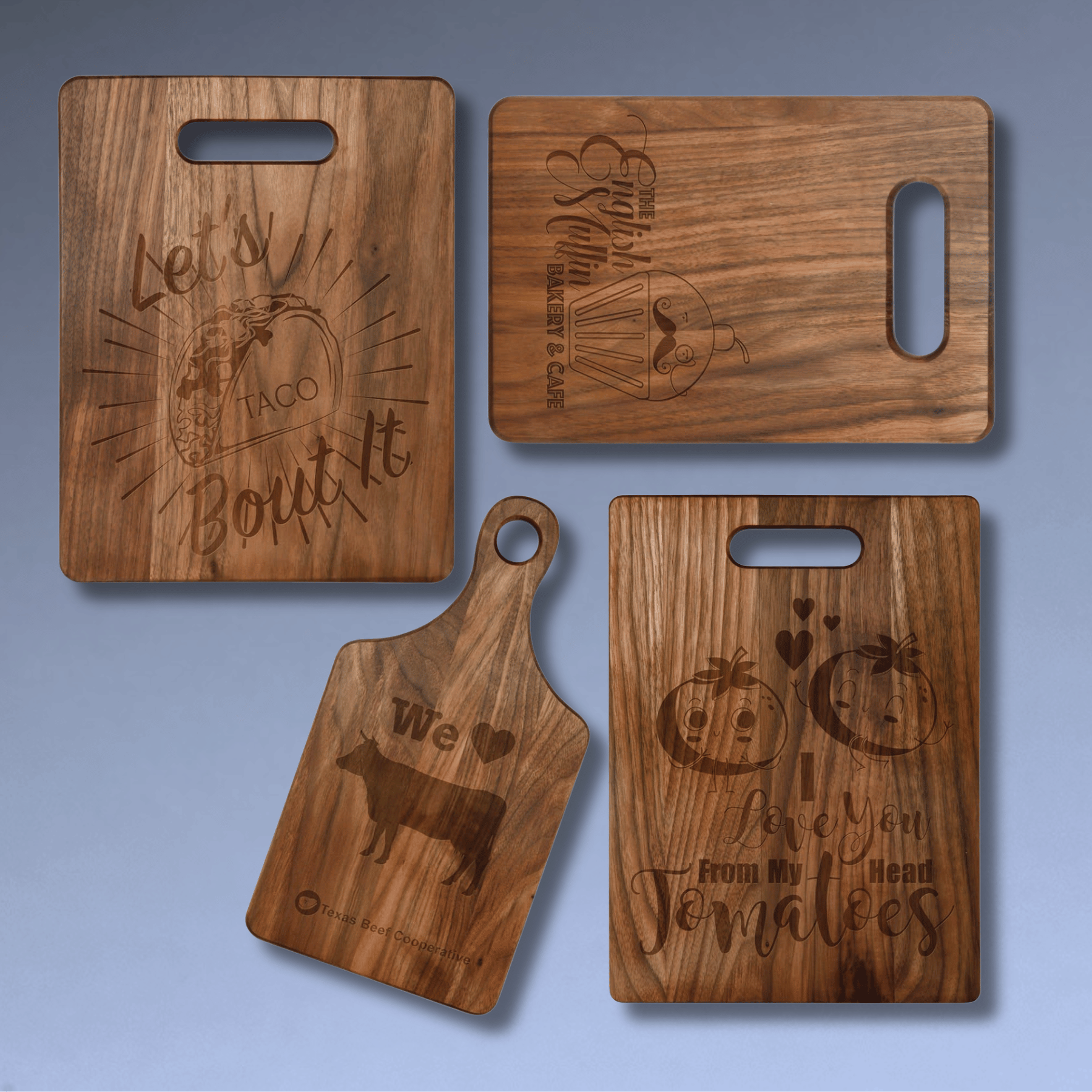 Custom Engraved Walnut Cutting Boards with Paddle Handle 9" x 6" / Wide Handle Slot