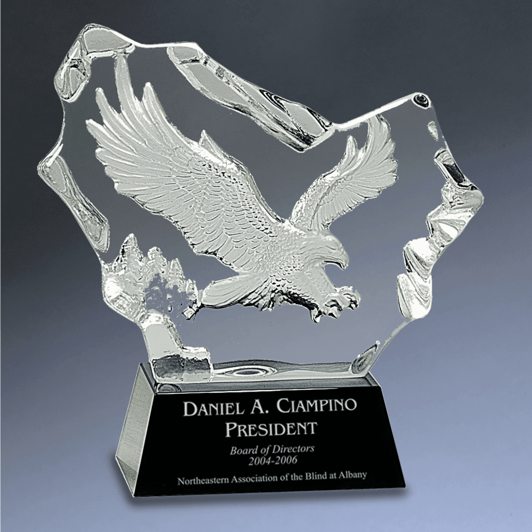 Crystal Eagle Awards for Patriotism, Leadership and Service Carved Eagle on Black Base / 7 " x 7"
