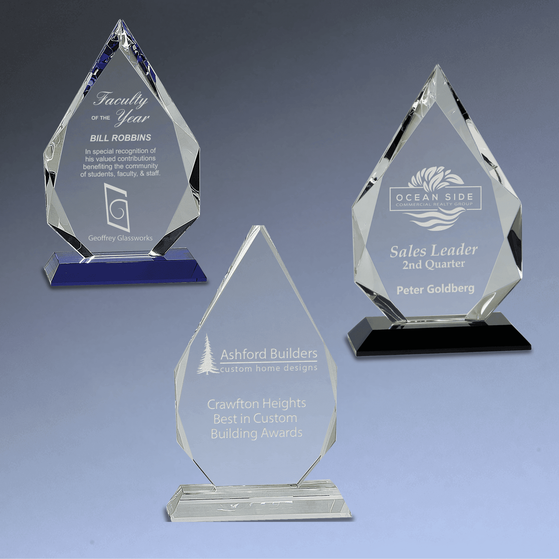 Laser Etched Crystal Diamond Awards with Faceted Edges and Base Blue / 8"