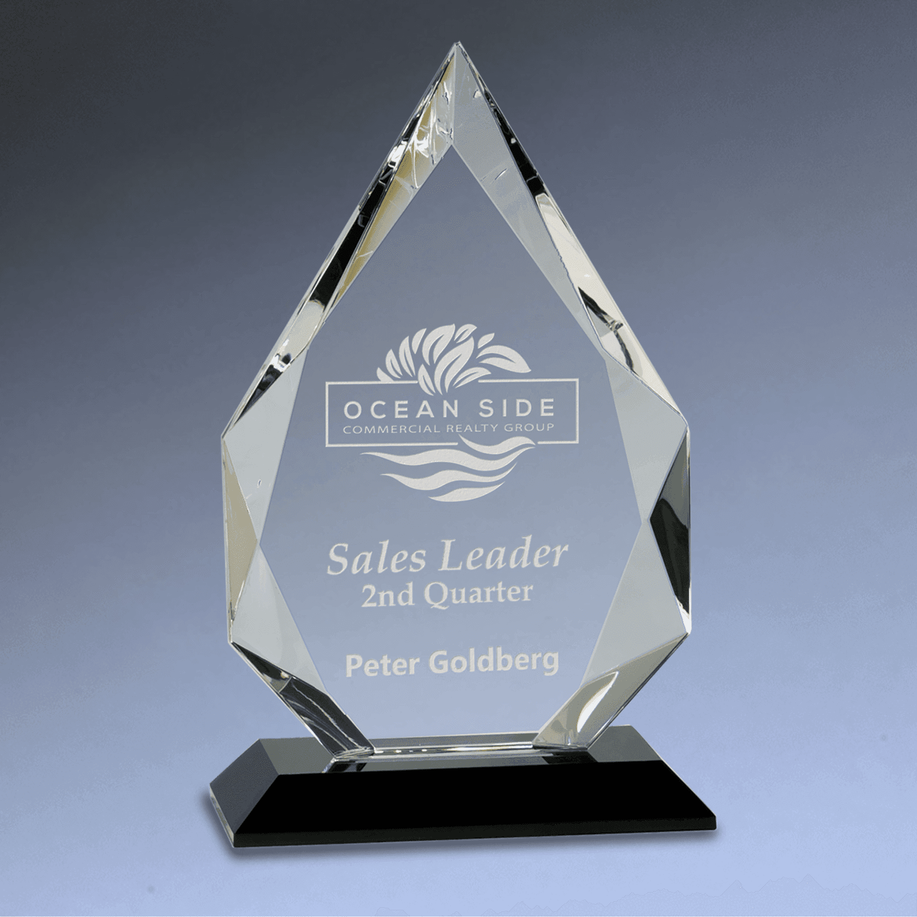 Laser Etched Crystal Diamond Awards with Faceted Edges and Base Black / 8"