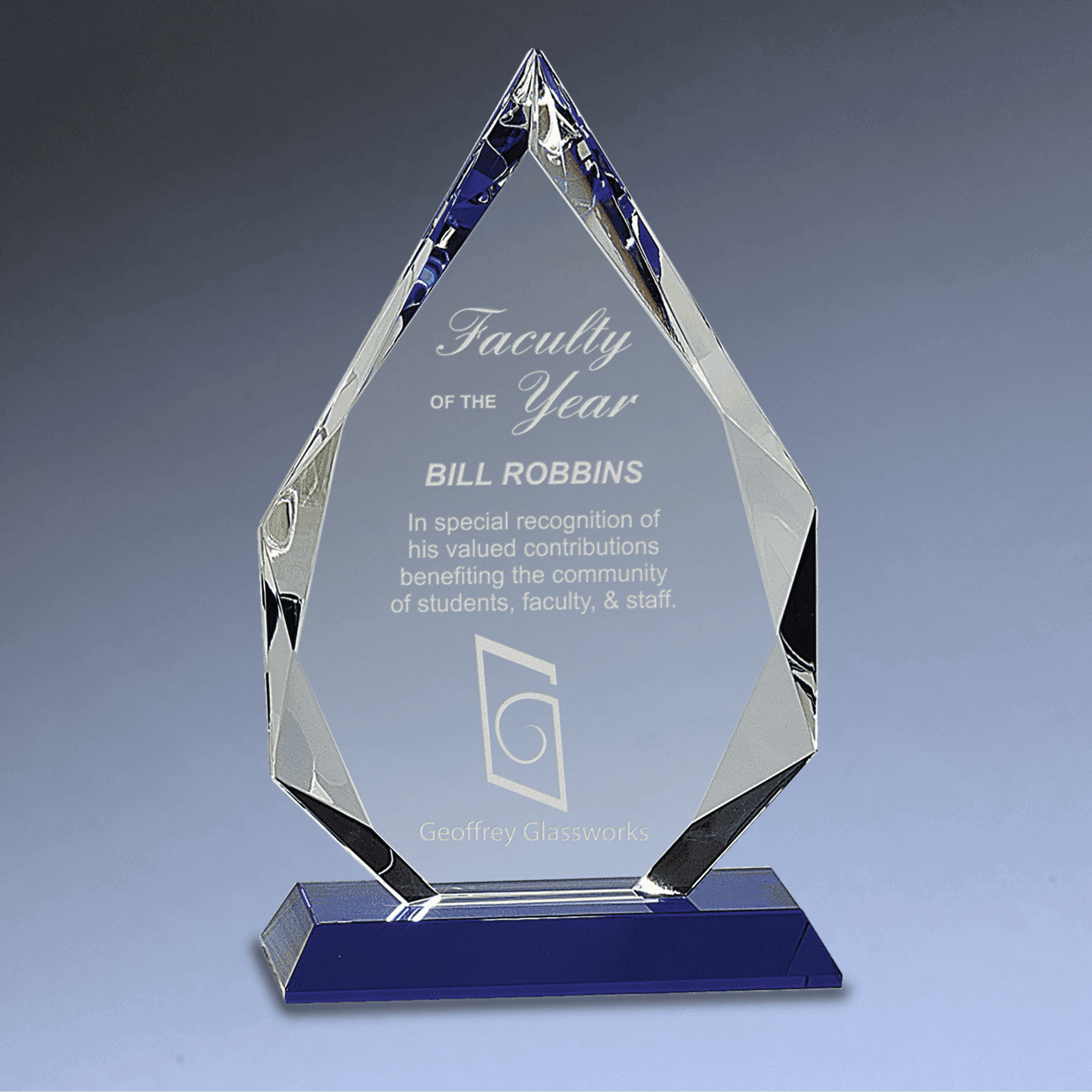 Laser Etched Crystal Diamond Awards with Faceted Edges and Base Blue / 8"