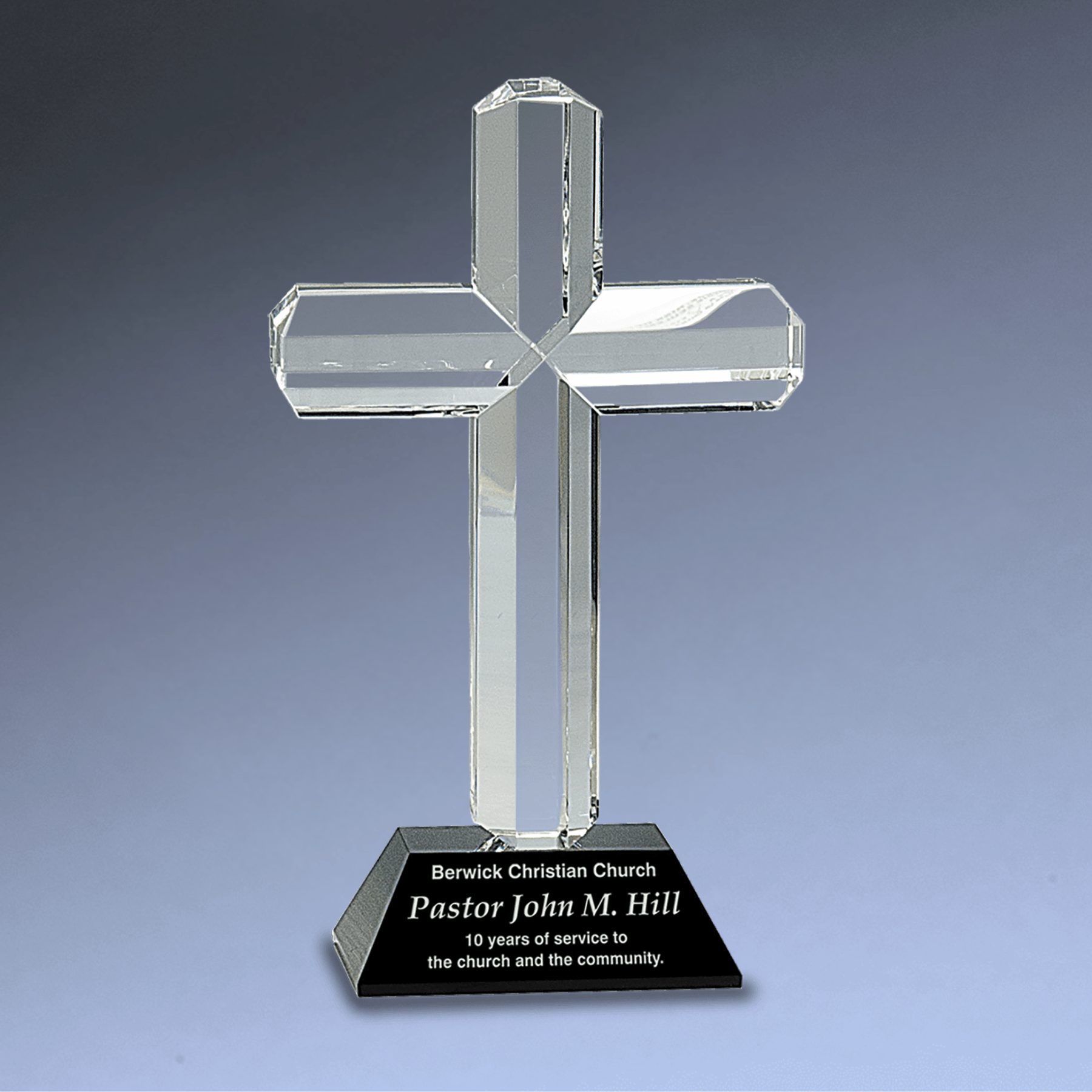 Laser Etched Crystal Cross on Pedestal Base | Faith-Based Recognition Black / 5 1/4"(L) x 8 1/2"(H)