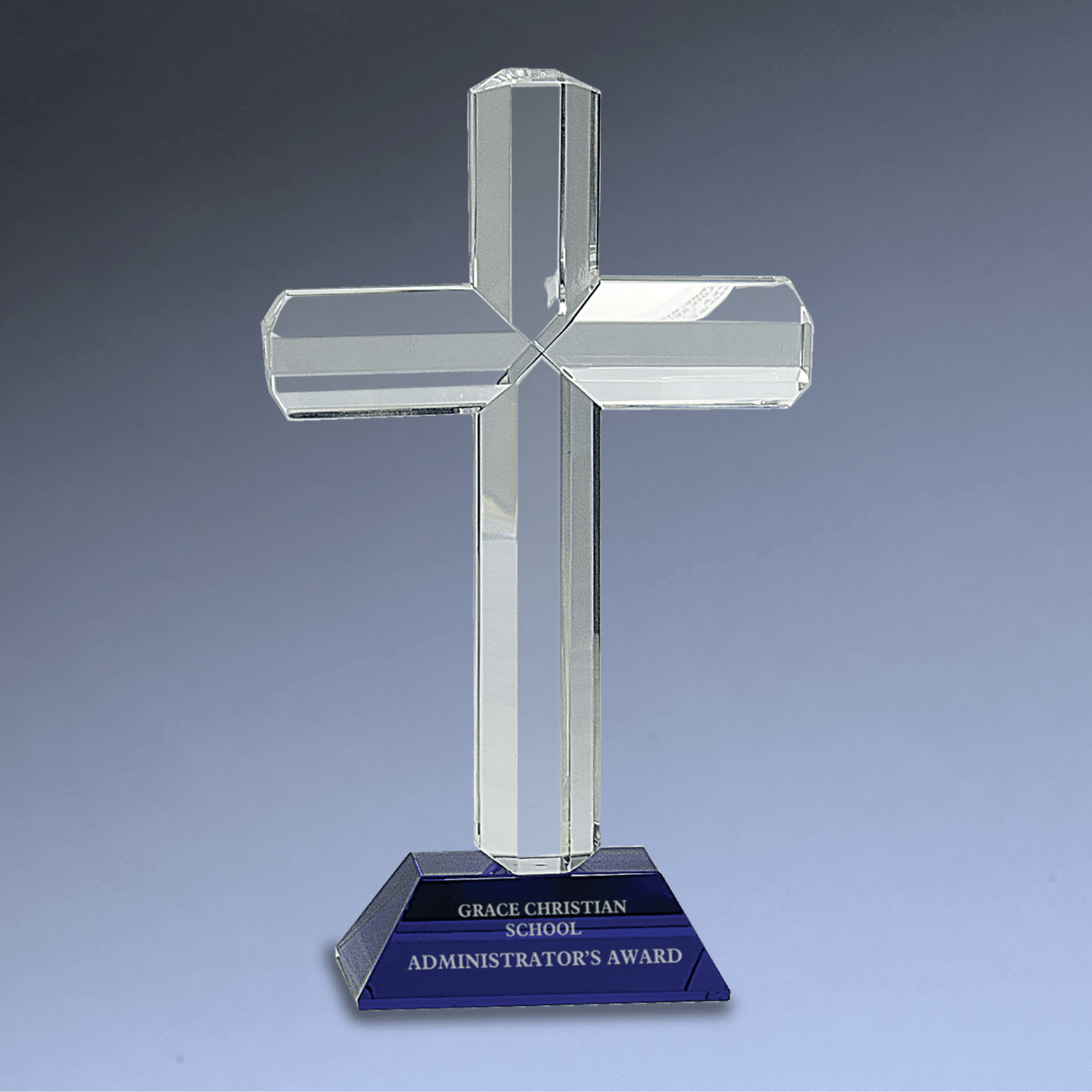 Laser Etched Crystal Cross on Pedestal Base | Faith-Based Recognition Blue / 5 1/4"(L) x 8 1/2"(H)