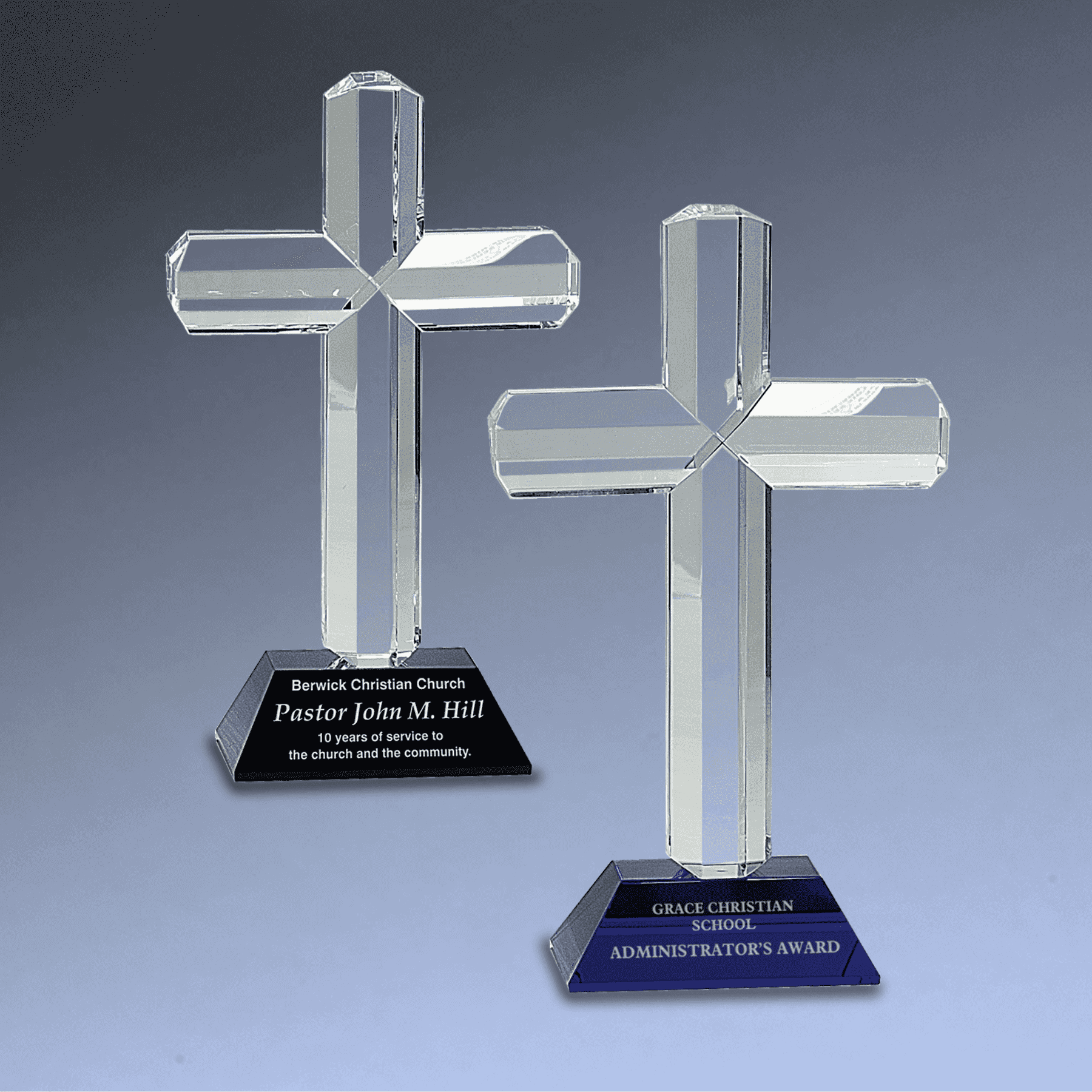 Laser Etched Crystal Cross on Pedestal Base | Faith-Based Recognition Blue / 5 1/4"(L) x 8 1/2"(H)