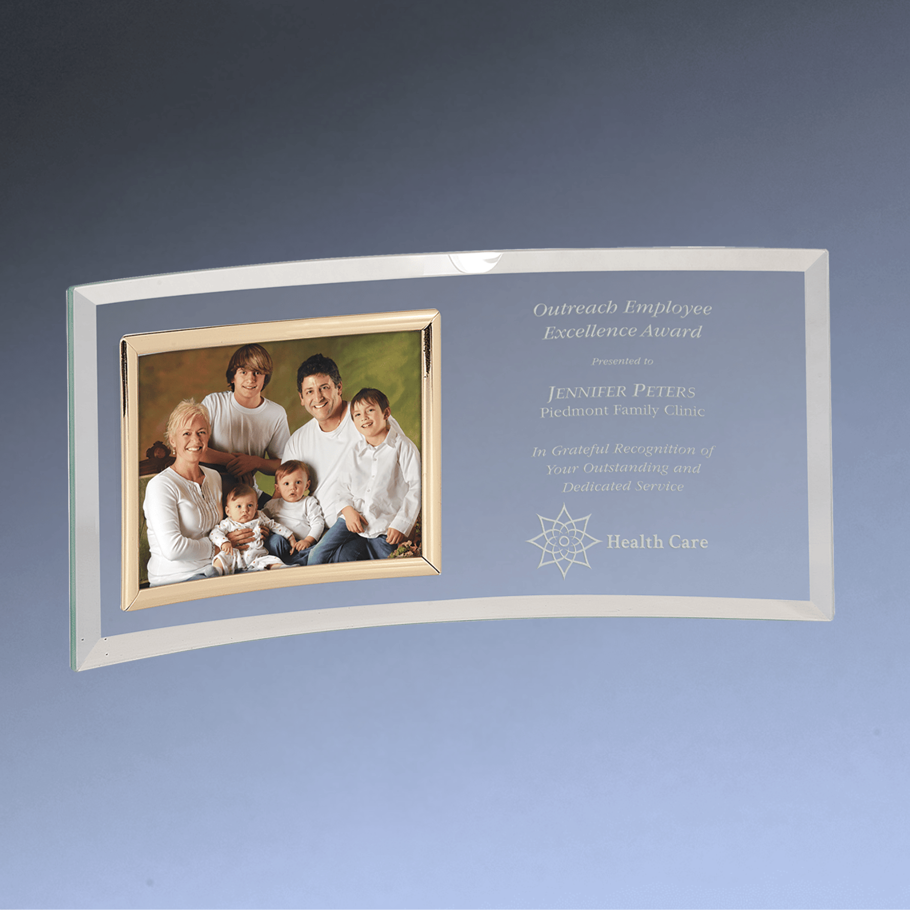 Personalized Glass Crescent Picture Frames - Jade Tint and Gold Trim 12" x 5 1/2" (Fits 5" x 3 1/2")