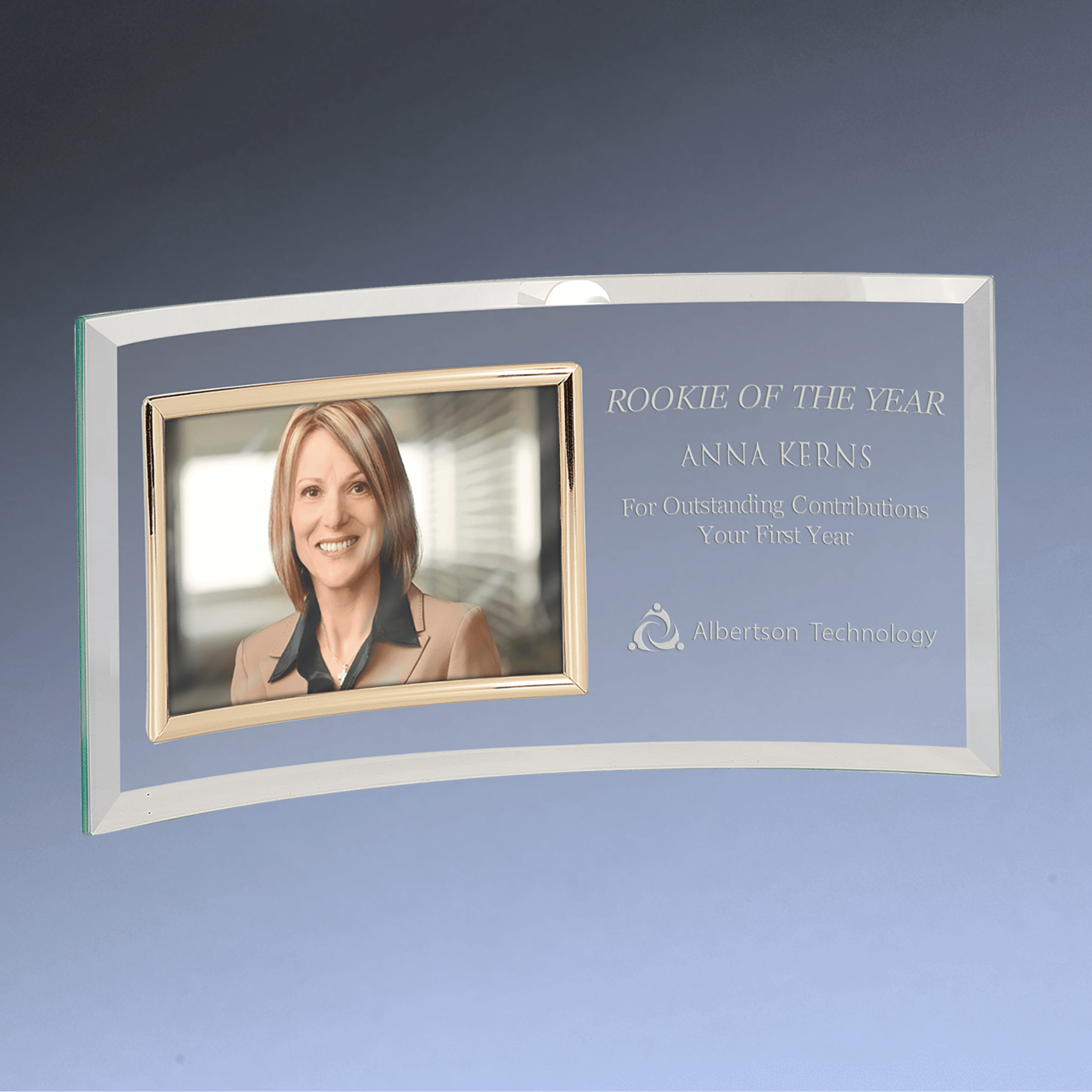 Personalized Glass Crescent Picture Frames - Jade Tint and Gold Trim 12 3/4" x 6 1/2" (Fits 6" x 4")
