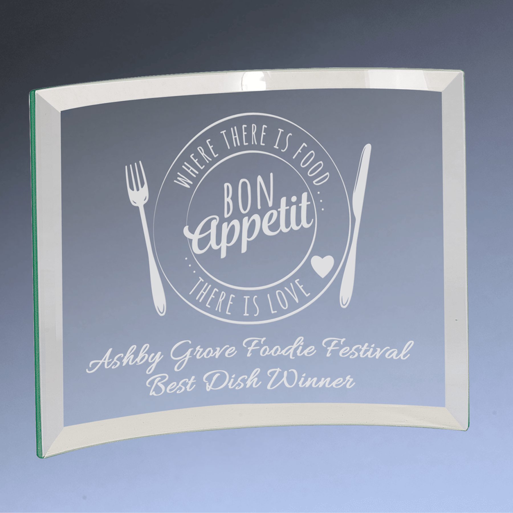 Laser Etched Jade Glass Crescent Awards and Desk Display 10" x 7" x 1/4"