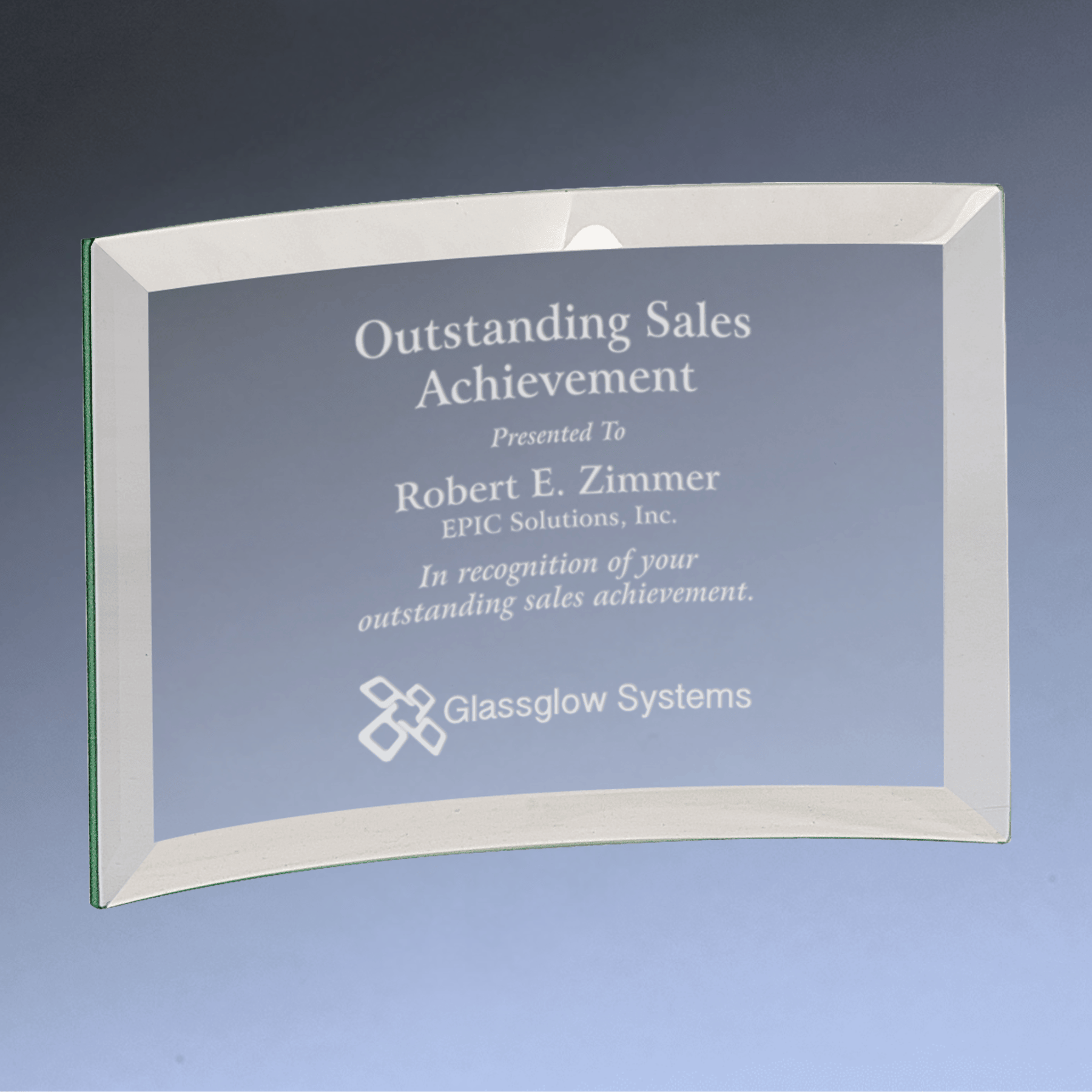 Laser Etched Jade Glass Crescent Awards and Desk Display 6" x 4" x 1/4"