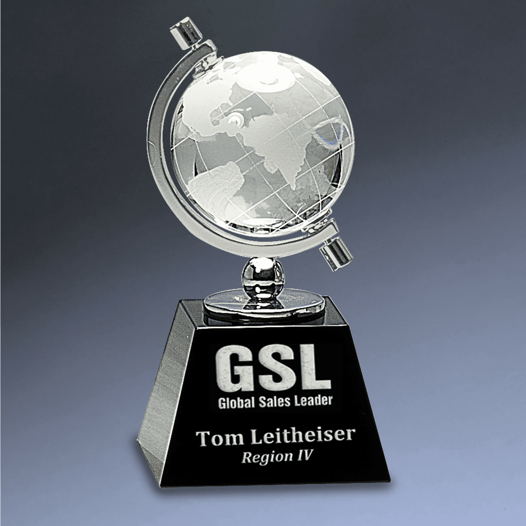 Laser Etched Crystal Globe Awards, Paperweights and Gifts Spinning Globe / Black Crystal Base / 6"