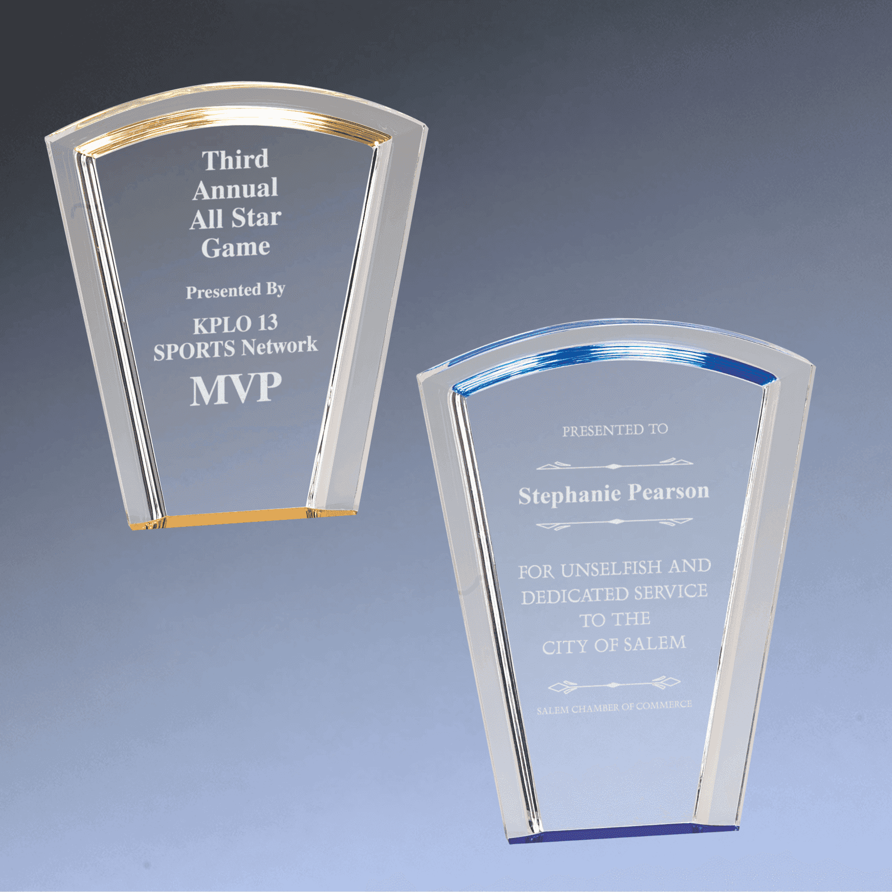 Halo Acrylic Awards with Blue or Gold Accents Fan Halo / Blue / 7"