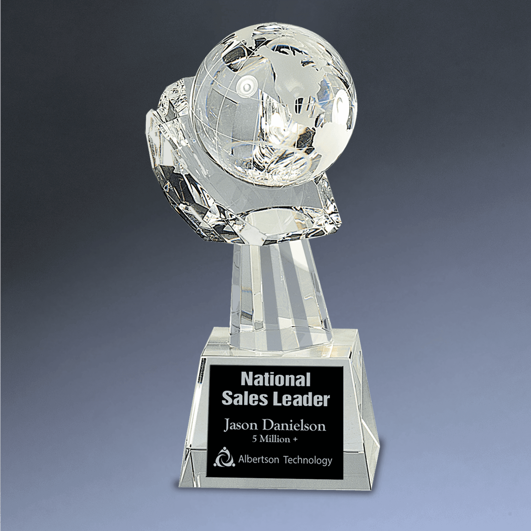Laser Etched Crystal Globe Awards, Paperweights and Gifts Globe in Hand / Clear Globe/Clear Base / 8"