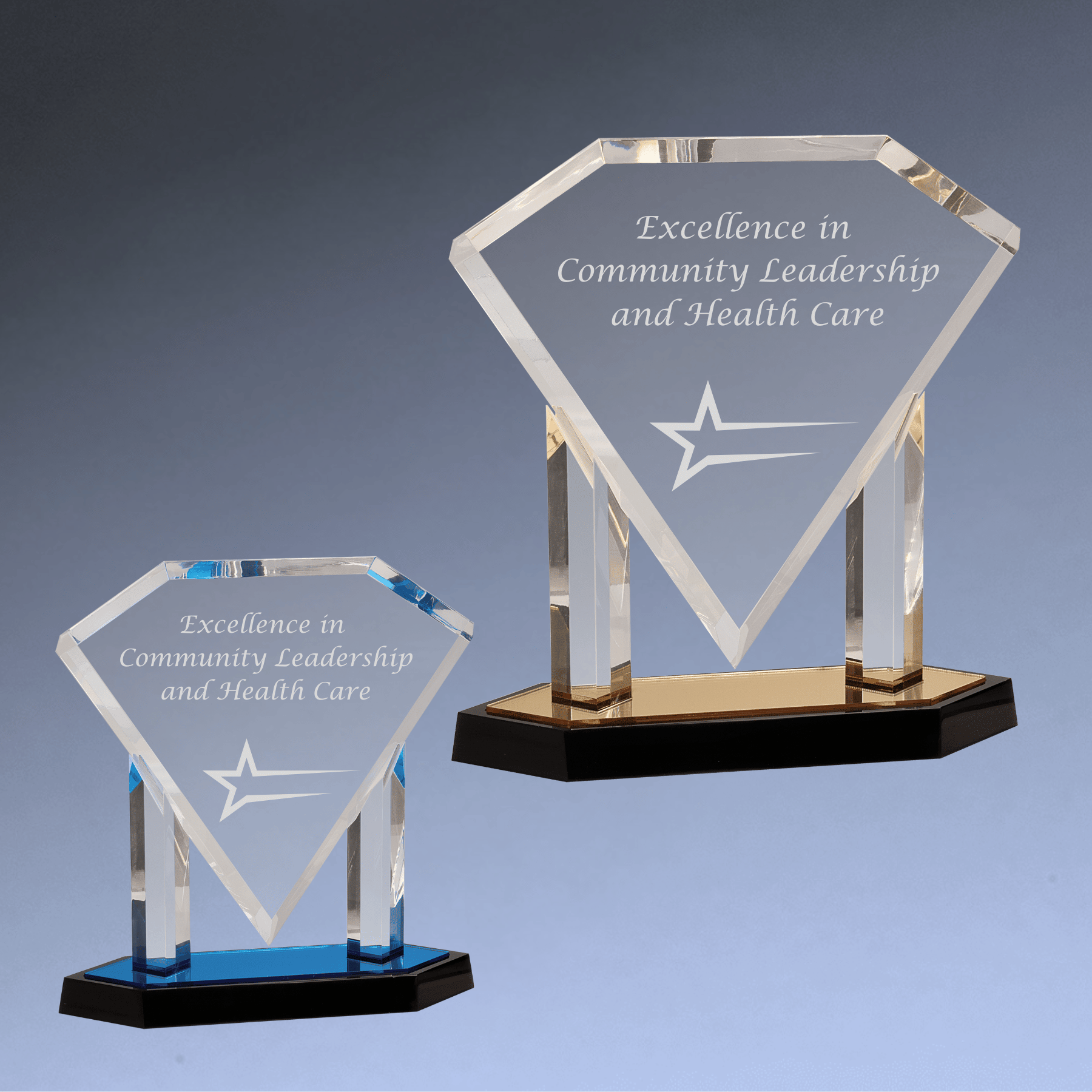 Floating Diamond Acrylic Award with Blue or Gold Mirror Base